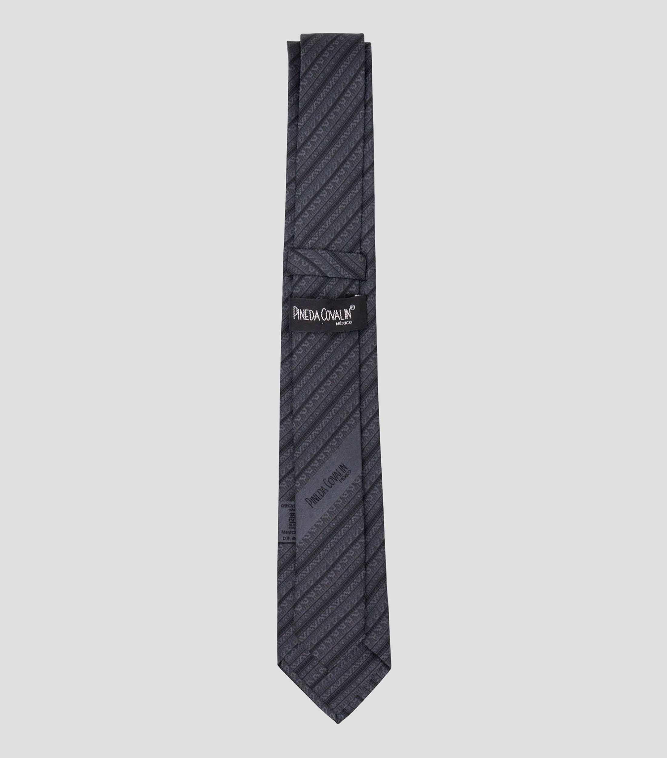 Corbata delgada de seda gris con grecas prehispánicas
