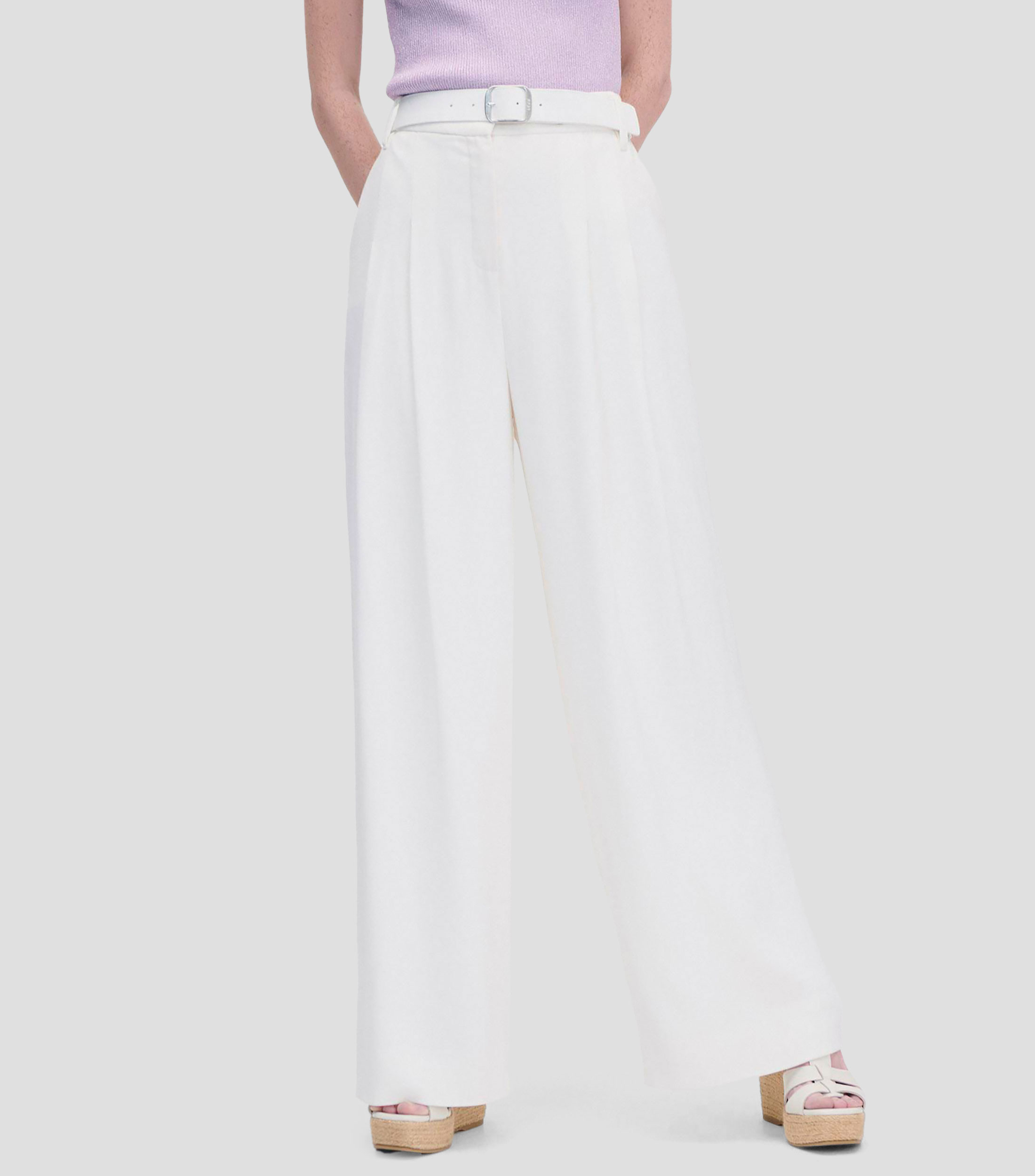 Pantalón Palazzo Tejido Piqué Con Pinzas Mujer