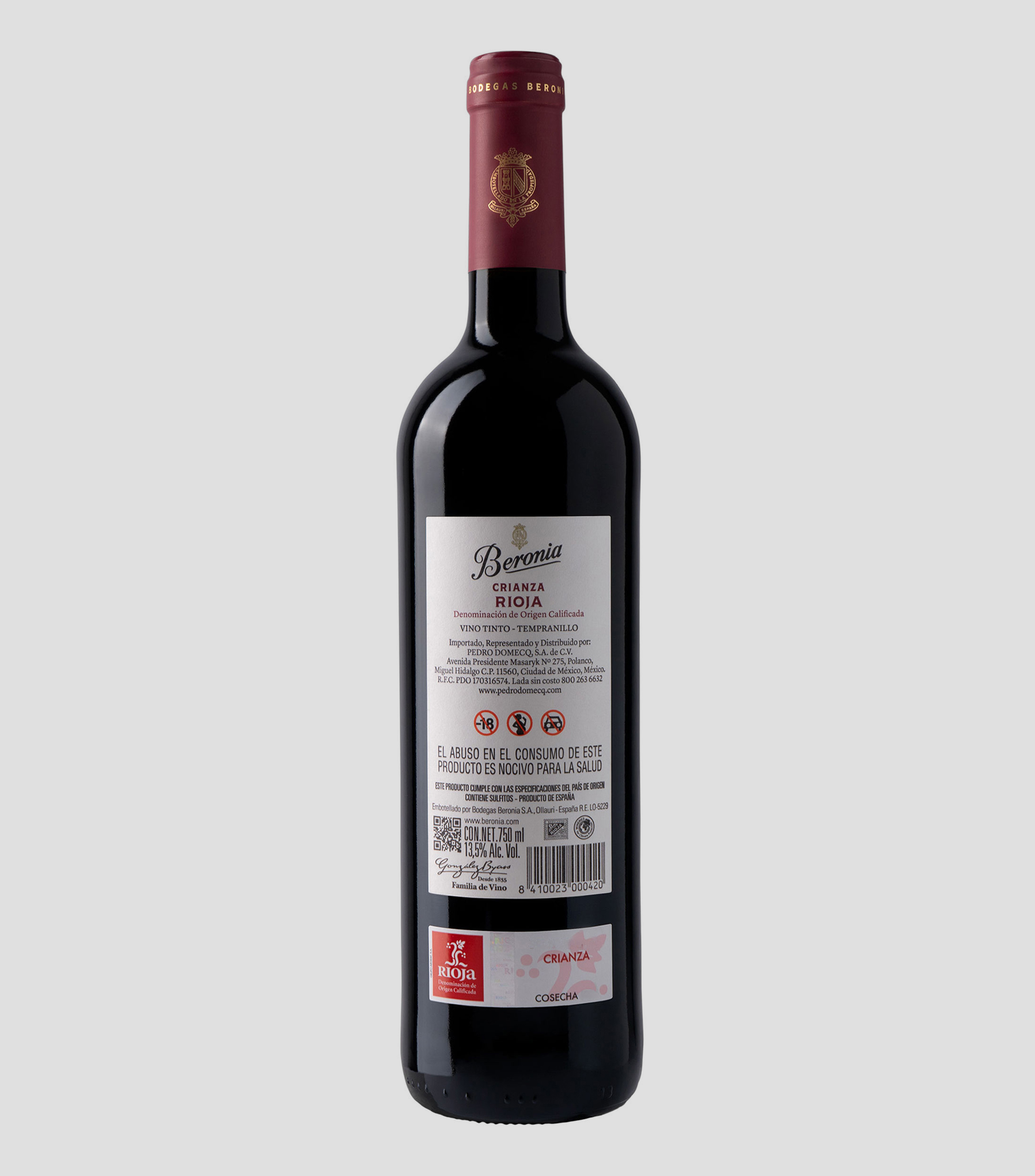 Vino Tinto Tempranillo Crianza, 750 ml