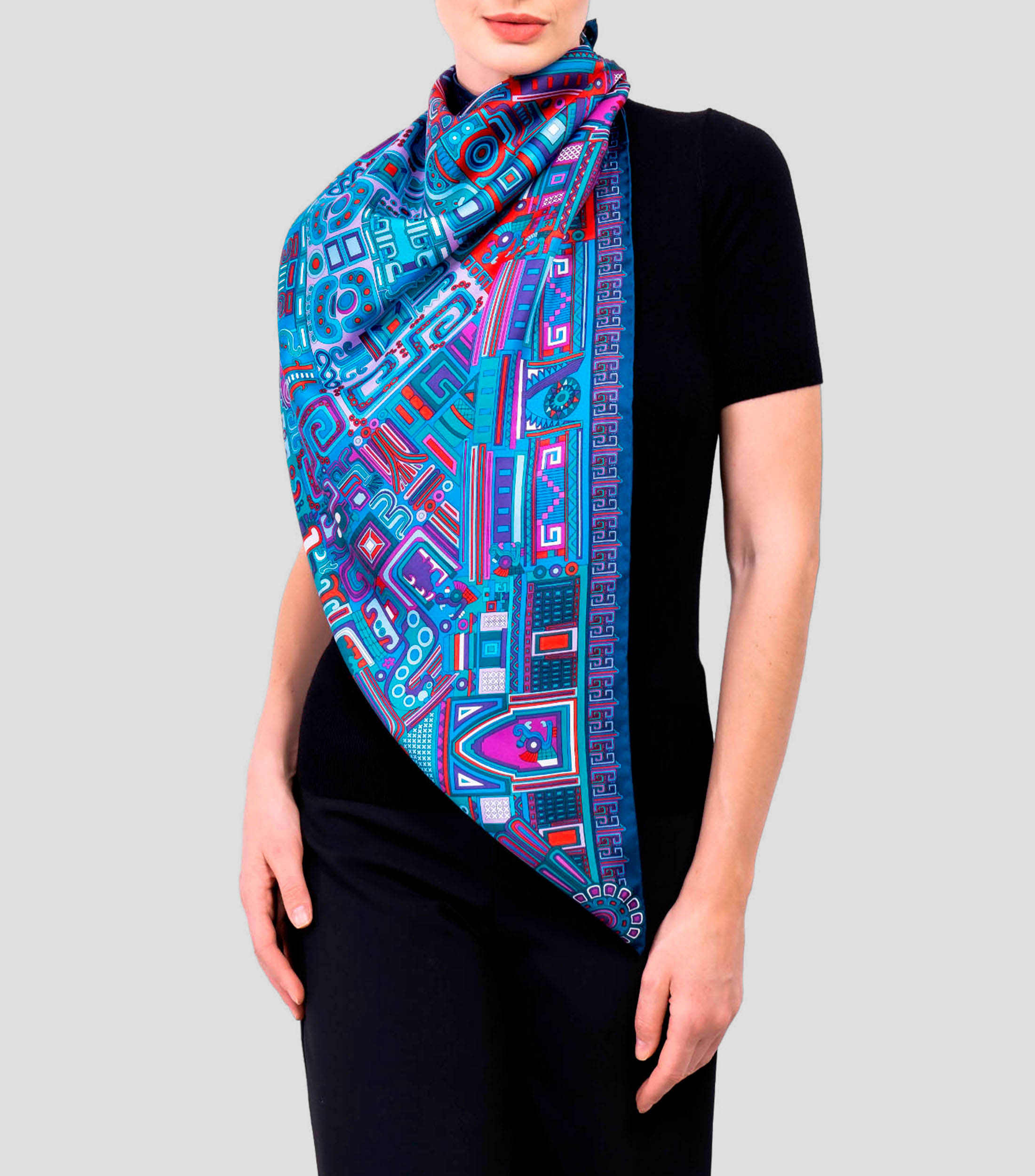 Mascada de seda azul con morado y decorado prehispánico Mujer