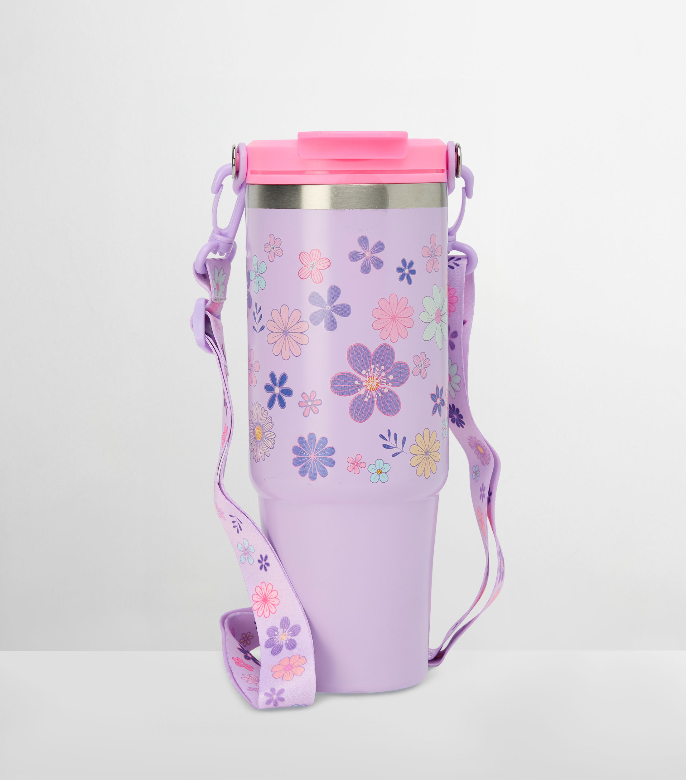 Termo con flores con popote en acero inoxidable, 887 ml