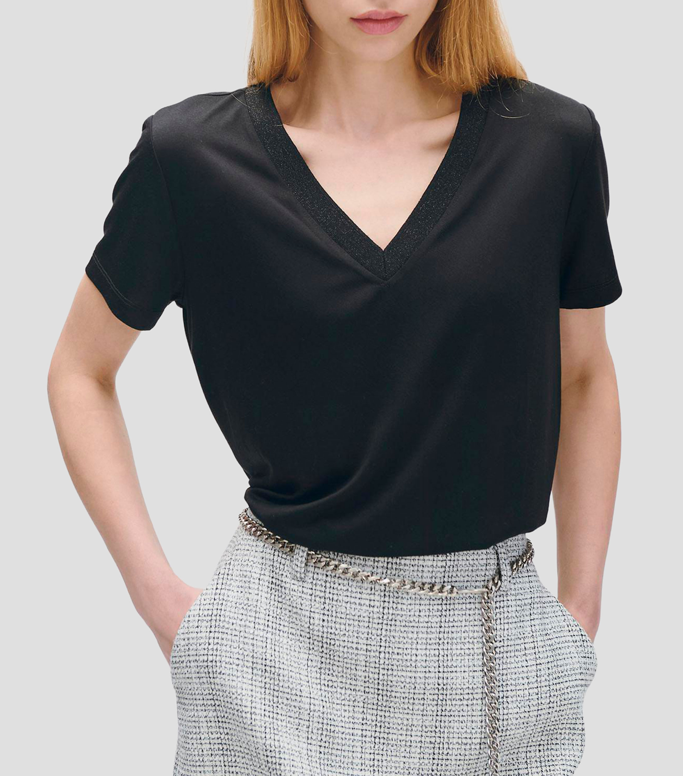 Blusa de punto tipo camiseta escote con lúrex Mujer