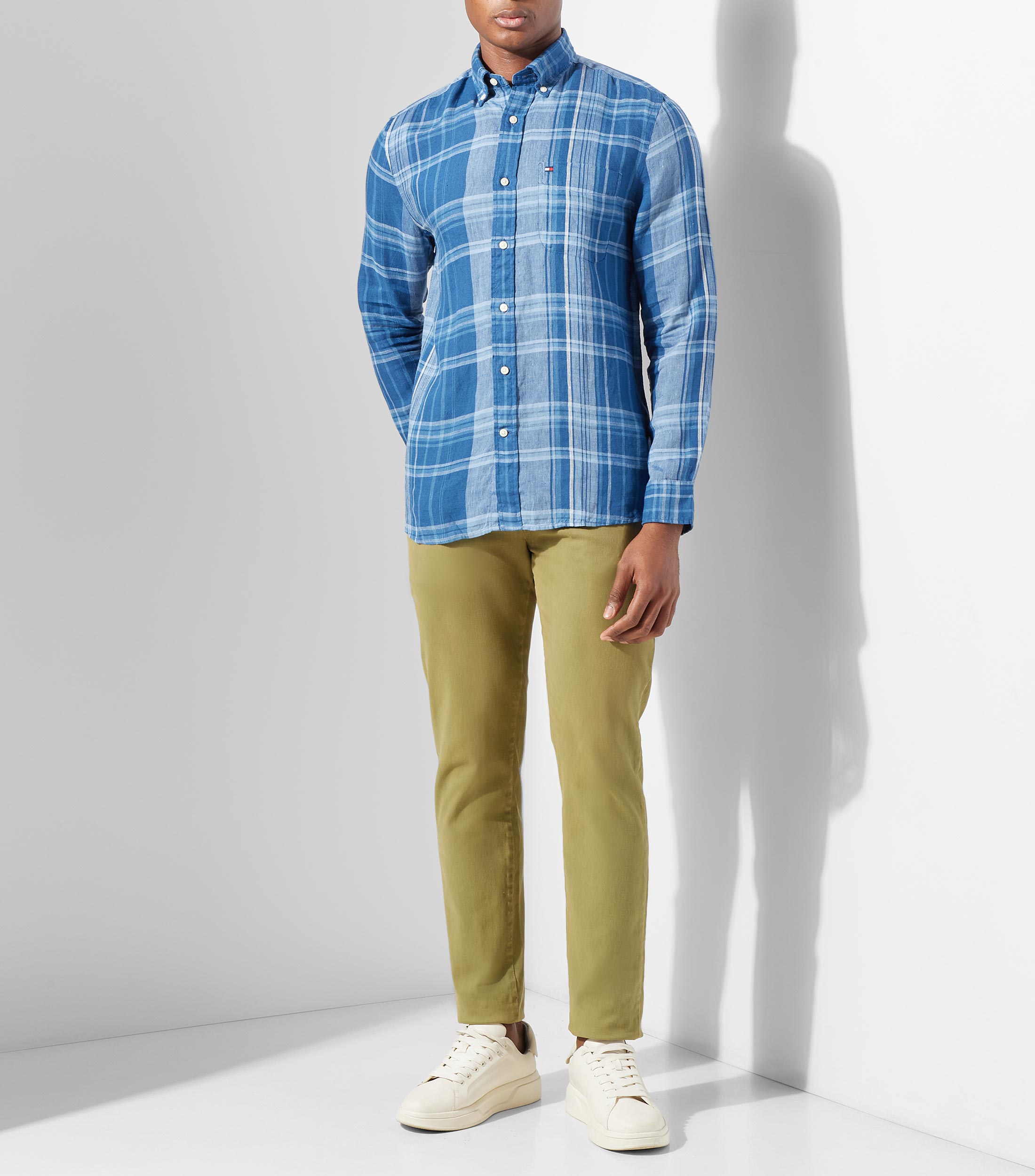 Camisa con cuadros de lino manga larga Hombre