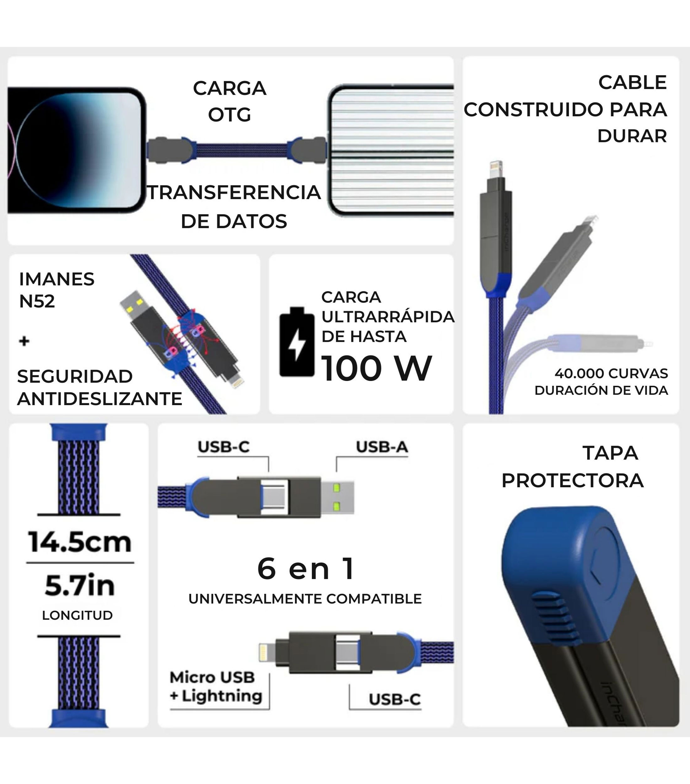 Cable de carga 6 en 1 inCharge X Azul 100W