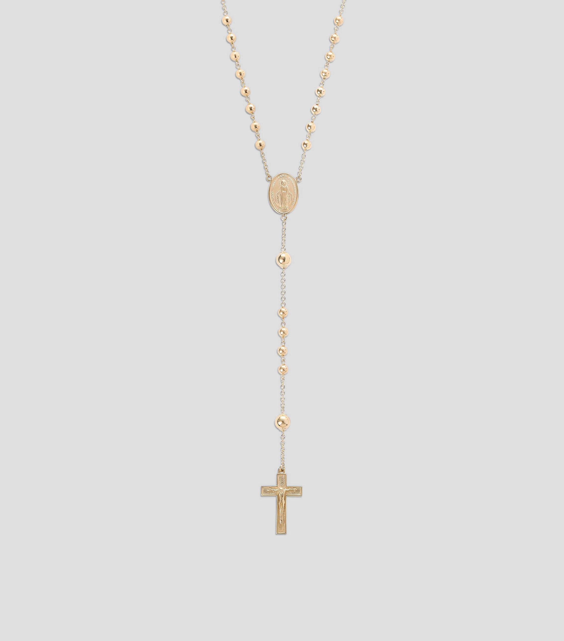 Collar con cruz en Oro amarillo de 18 Kilates estilo rosario con cuentas esféricas y medalla de la Virgen Sicily Unisex