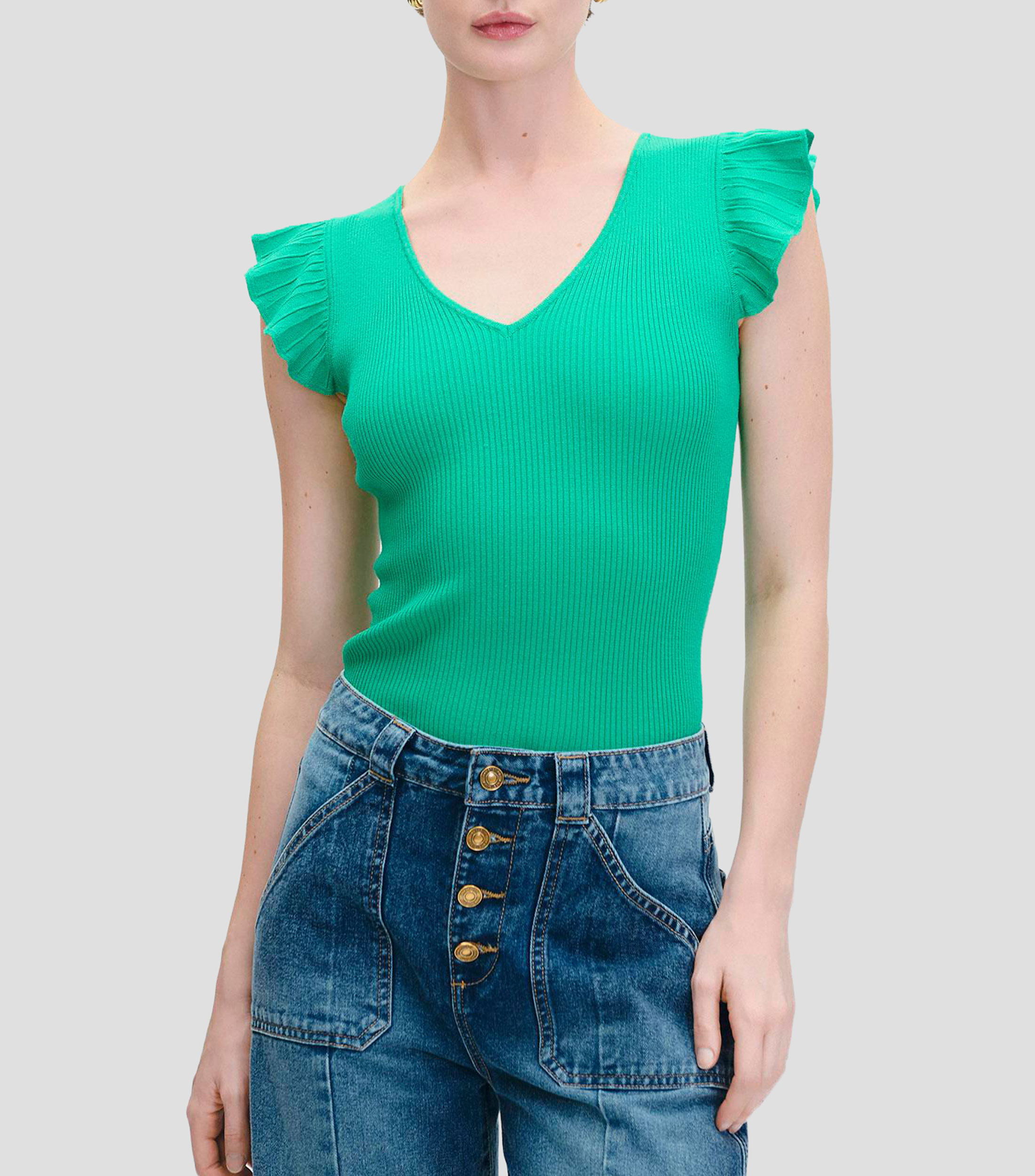 Blusa tejido canalé escote V manga escarola Mujer