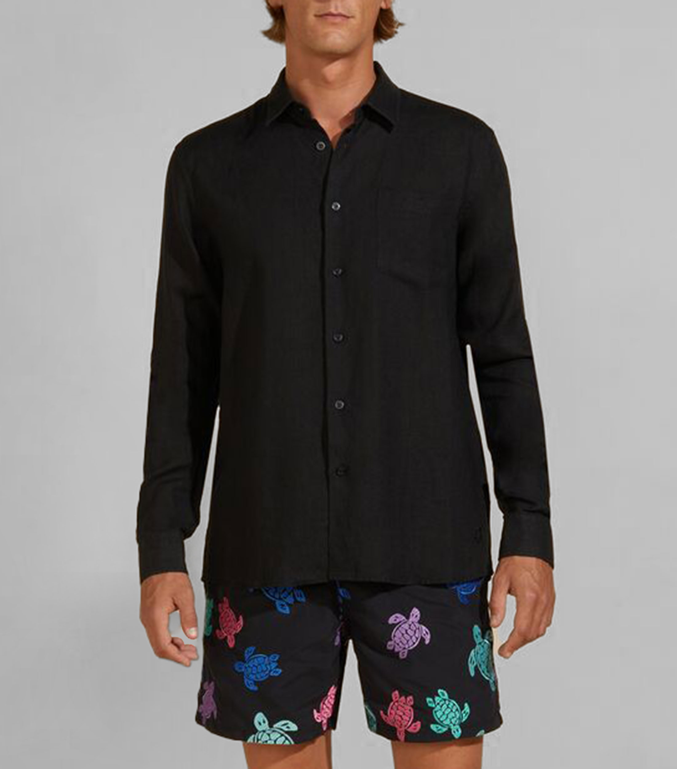 Camisa lisa en lino manga larga Hombre