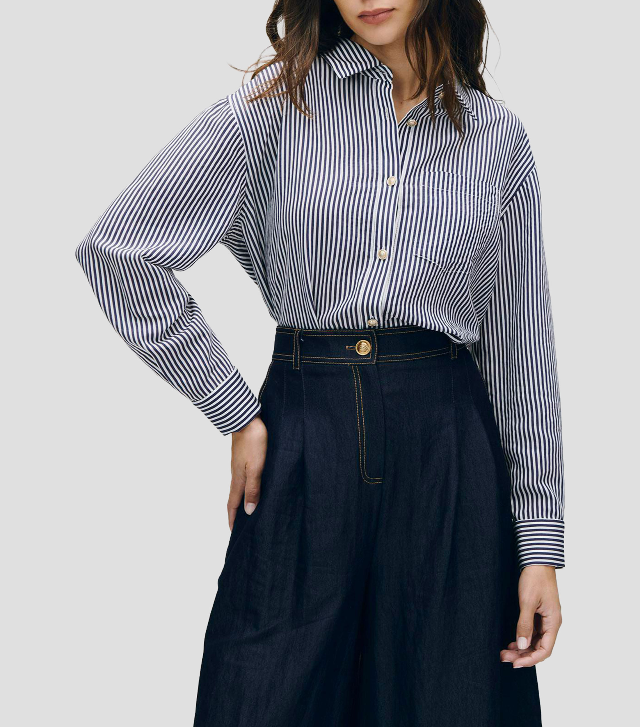 Camisa de rayas índigo ruedo asimétrico Mujer