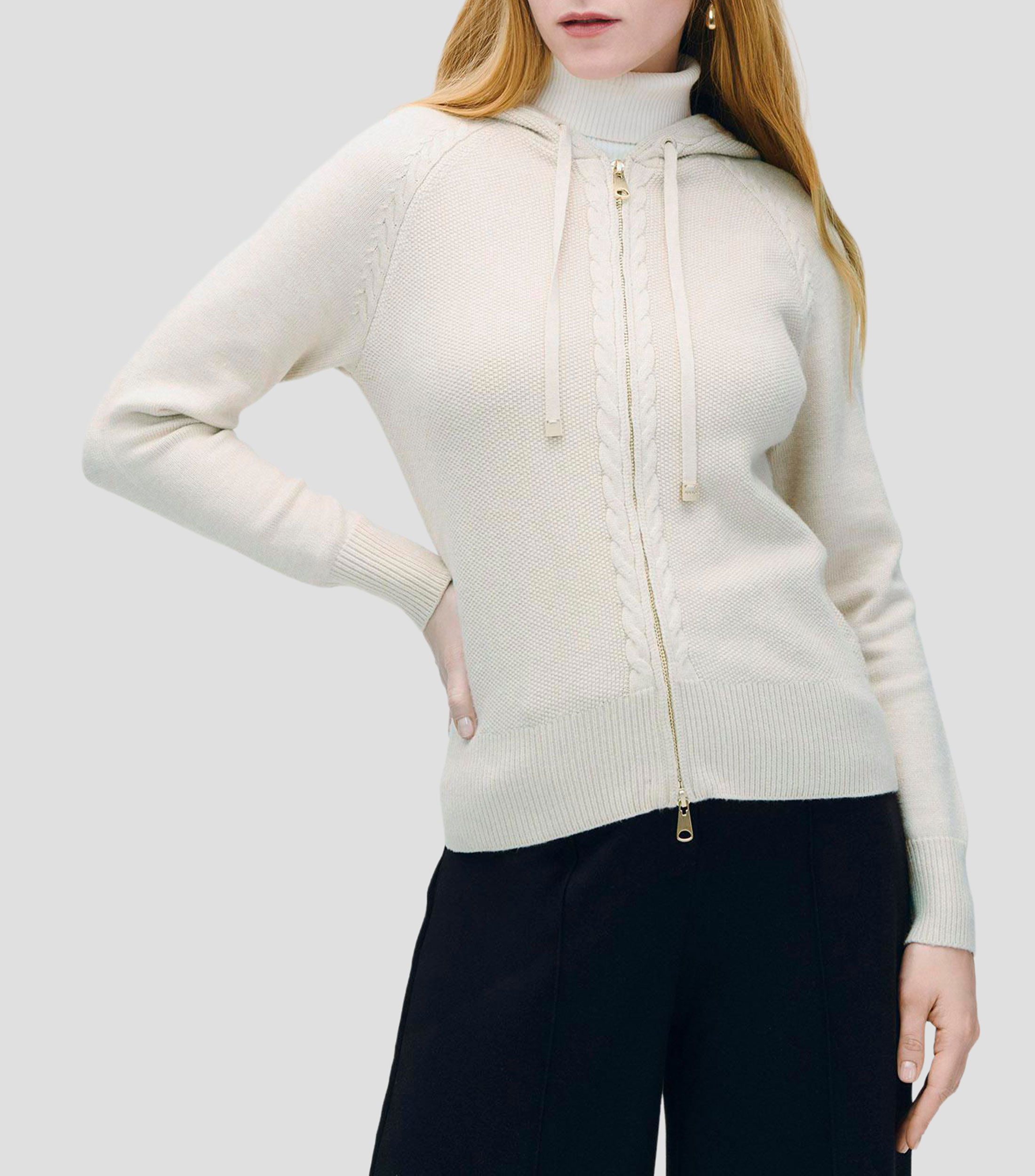 Suéter tipo sudadera tejido combinado yeso detalles trenzados Mujer