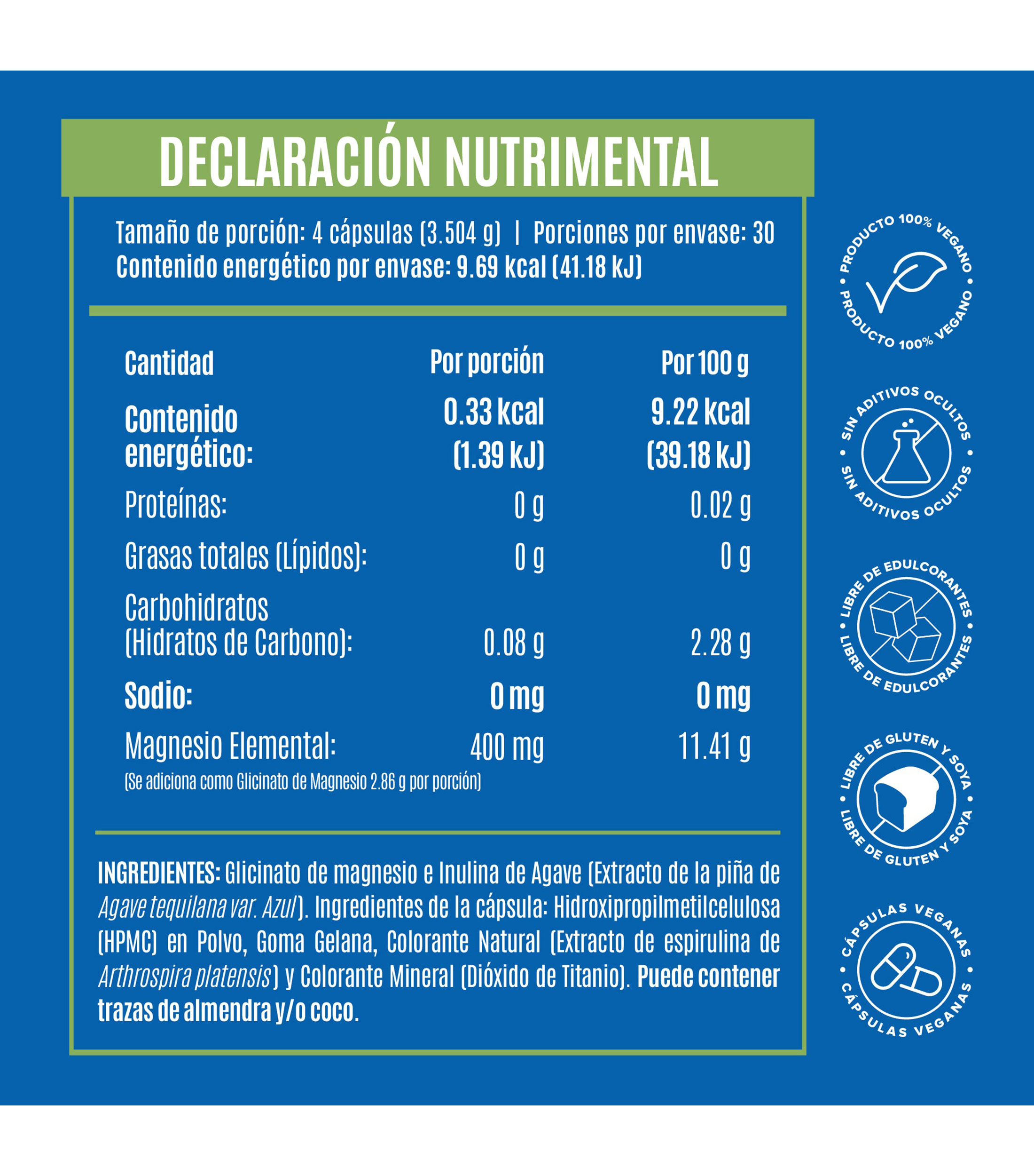 Suplemento alimenticio Glicinato de Magnesio, 120 Cápsulas