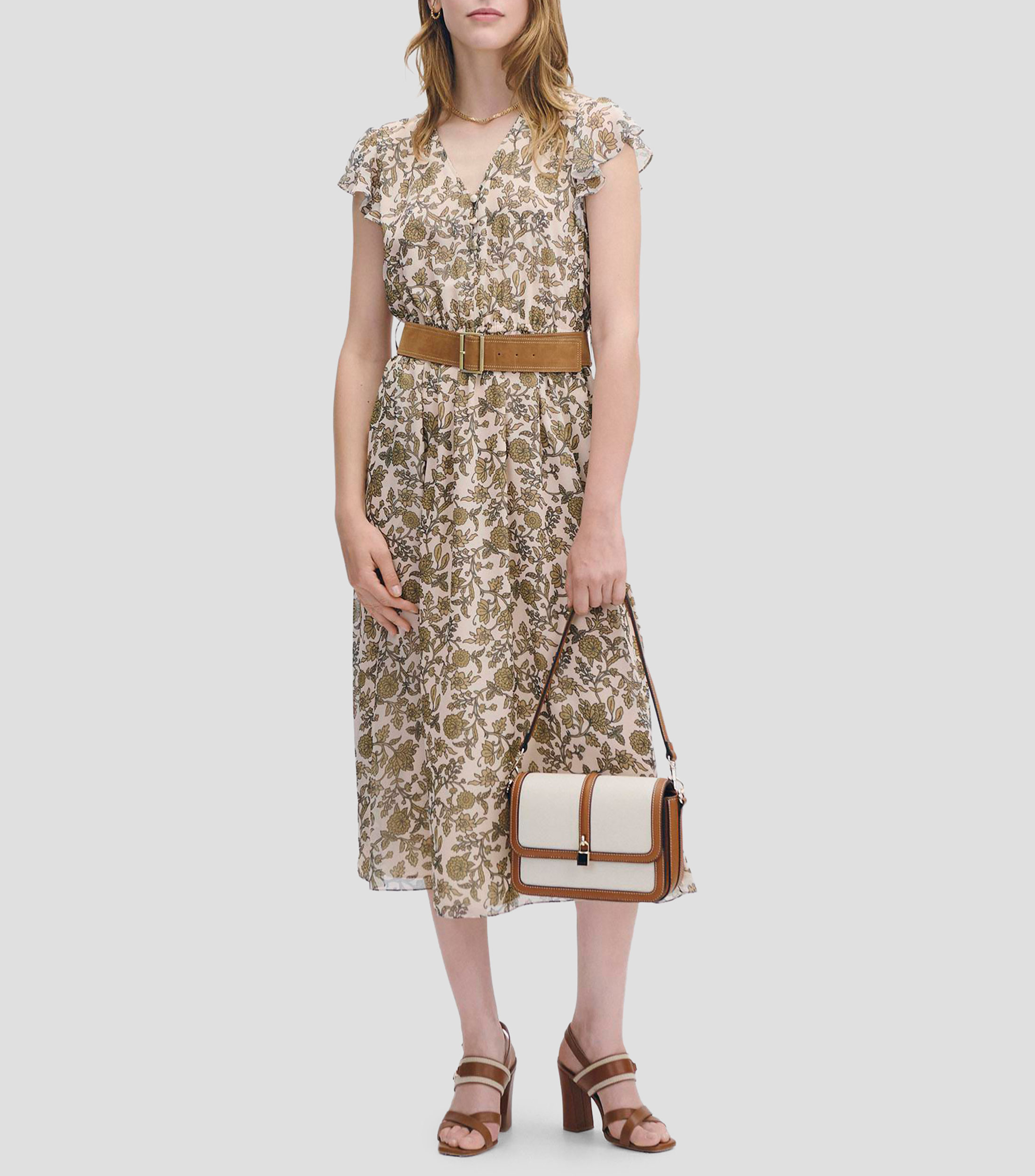 Vestido midi fit and flare chifón estampado floral con cinturón Mujer