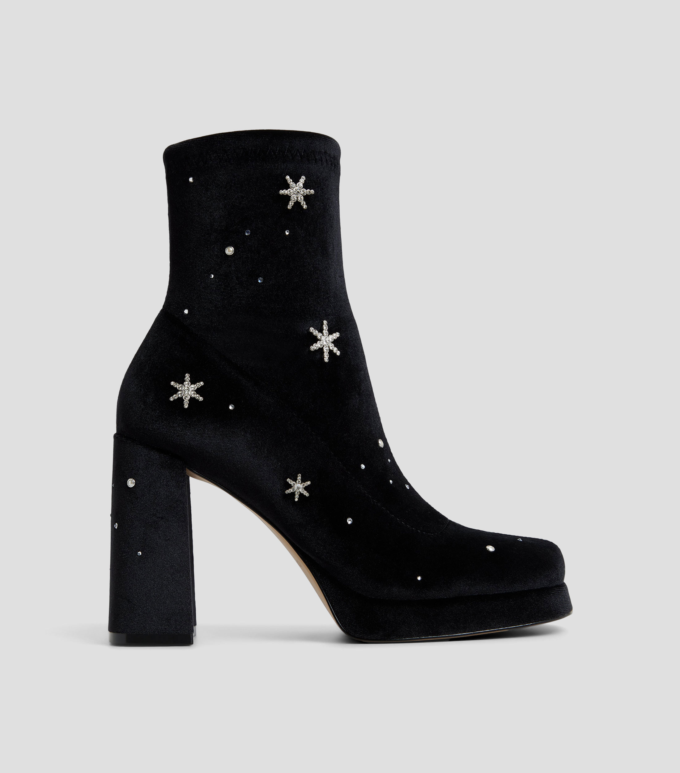 Botines casuales con tacón alto ancho y pedrería Mujer