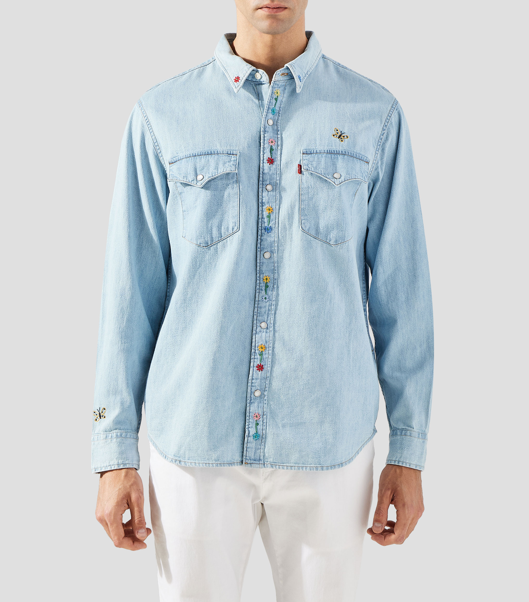 Camisa de mezclilla sólida manga larga Hombre