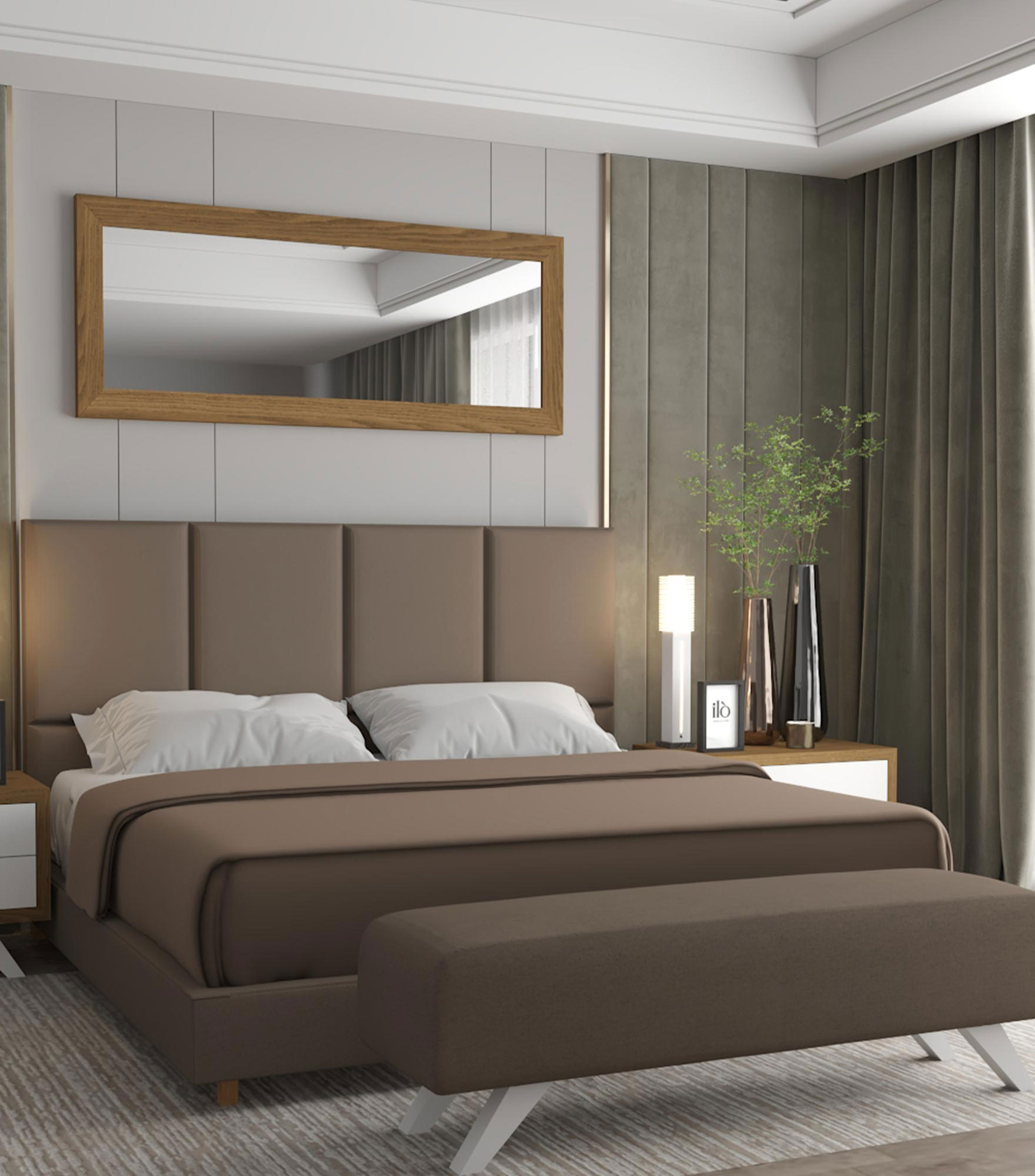 Cama King Size Textured Linen marrón en madera