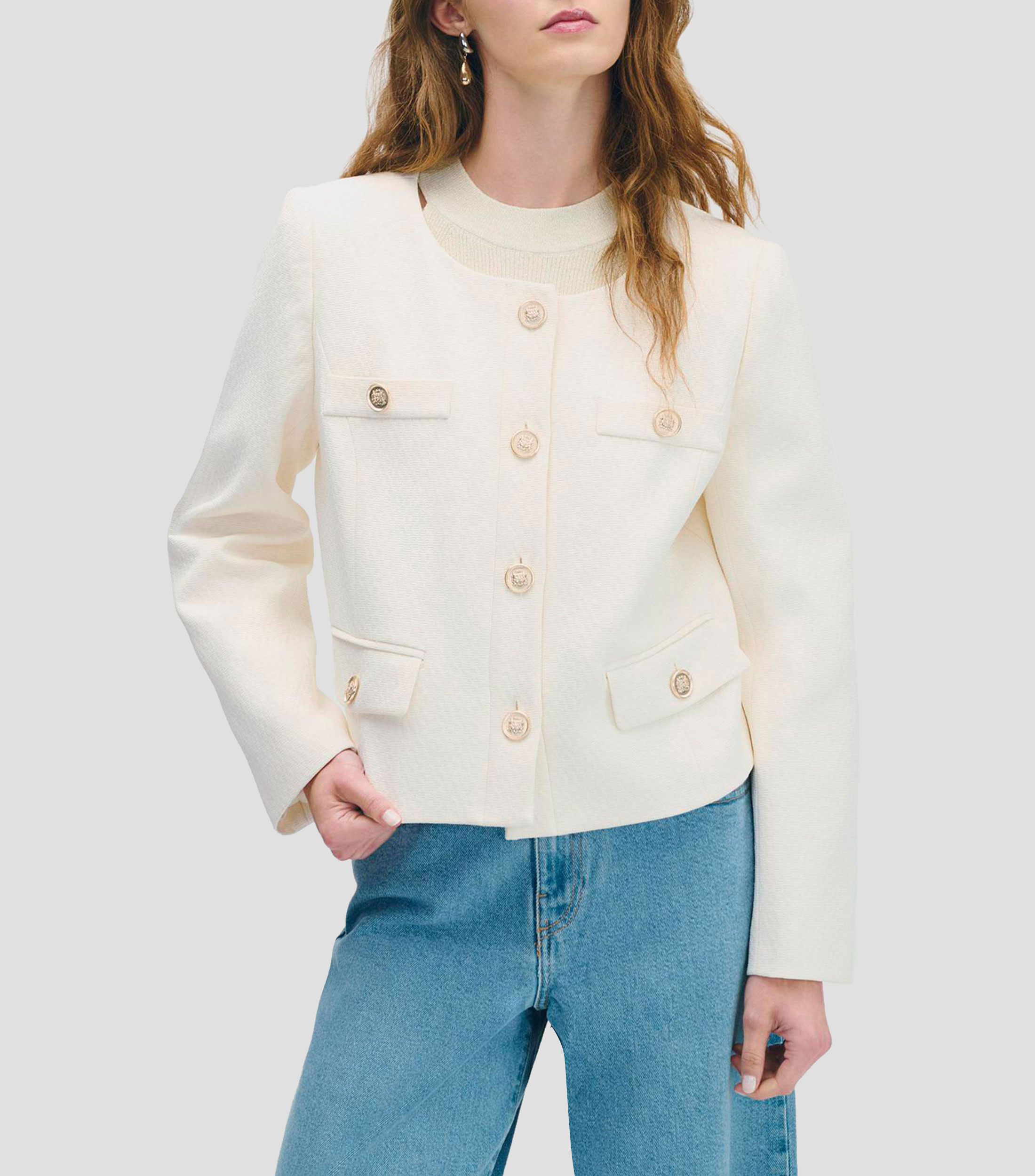 Chamarra de jacquard natural corte regular escote redondo Mujer