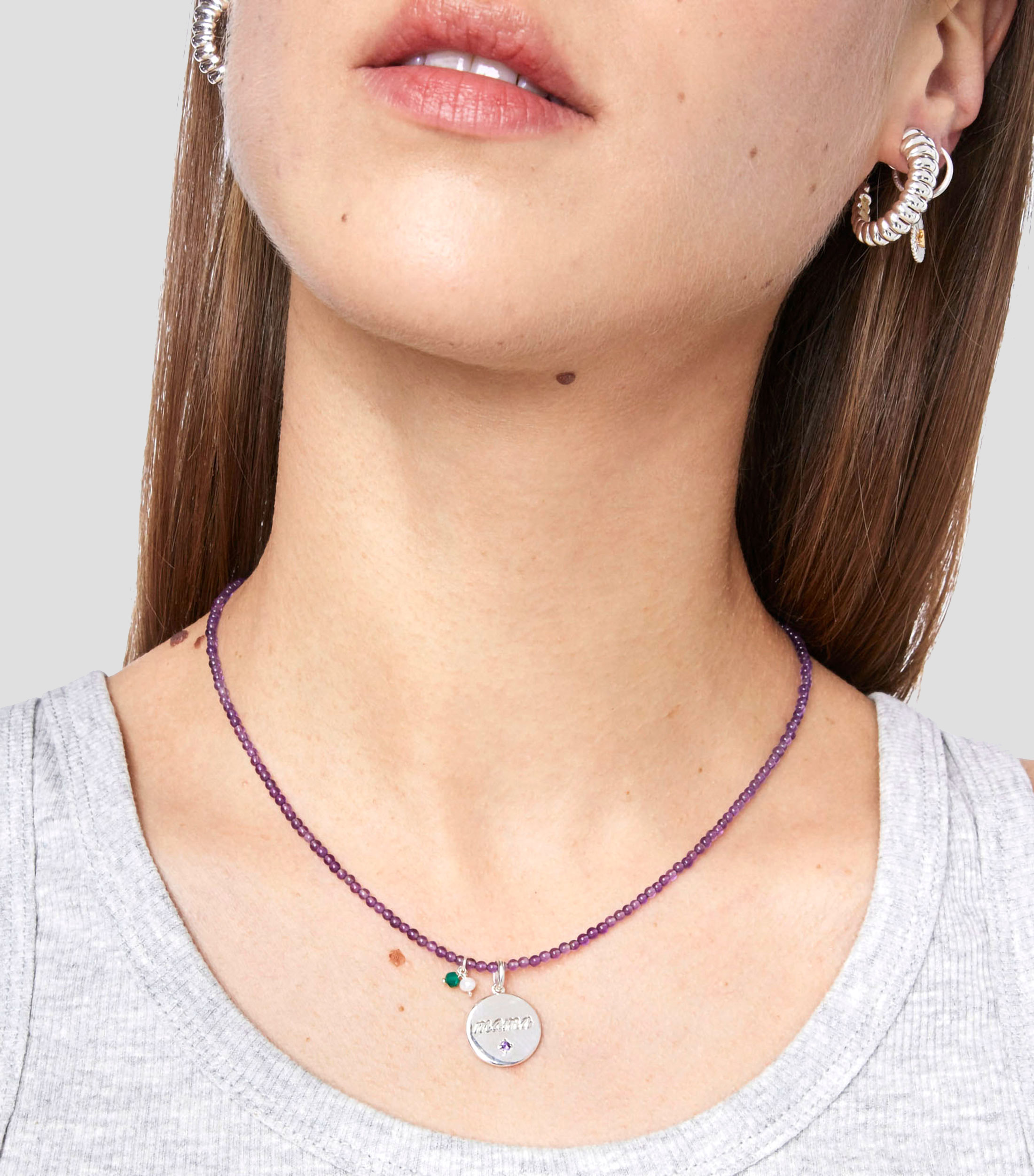 Dije redondo en plata .925 Mama con amatista Mujer