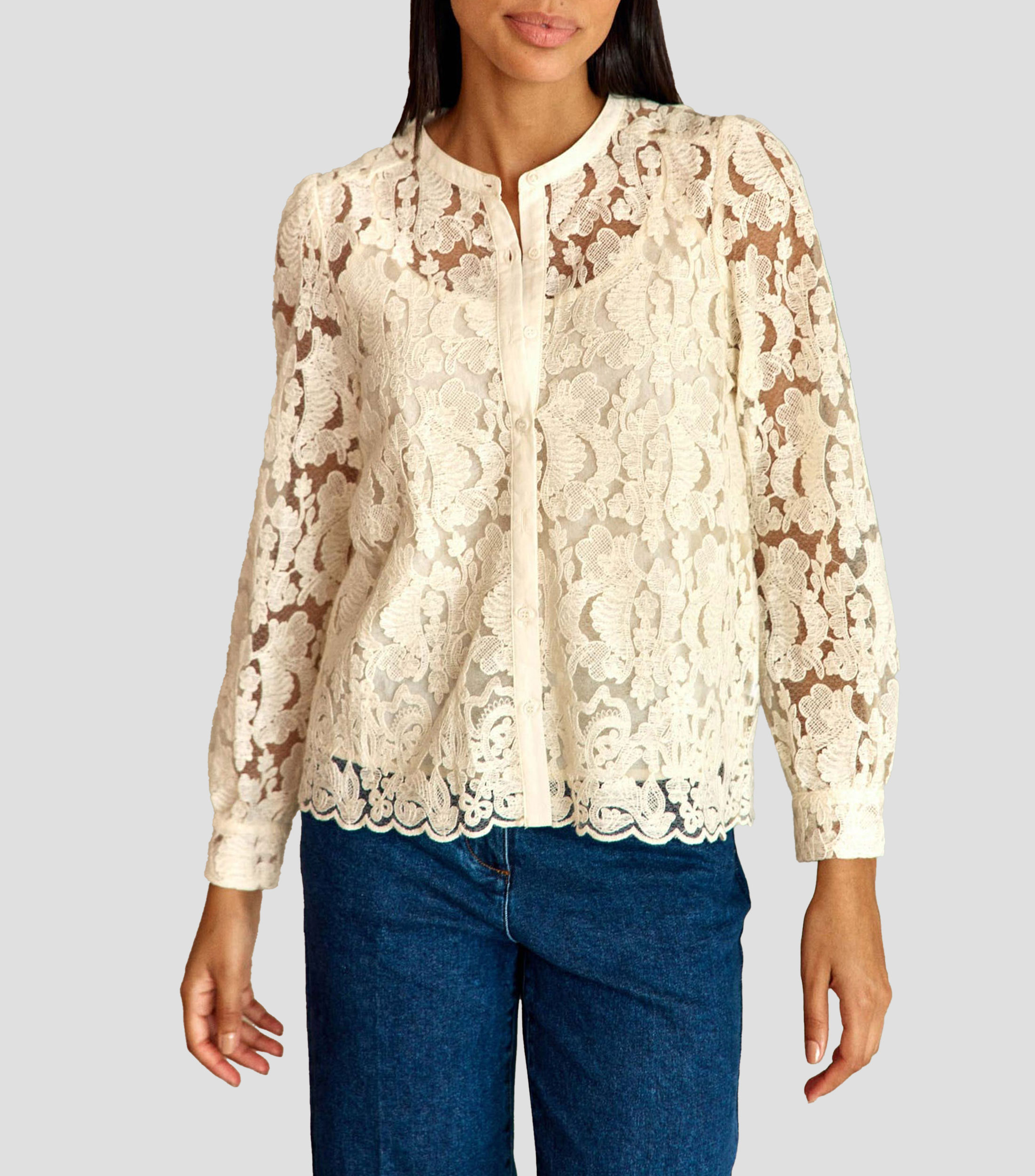 Blusa con encaje manga larga Mujer