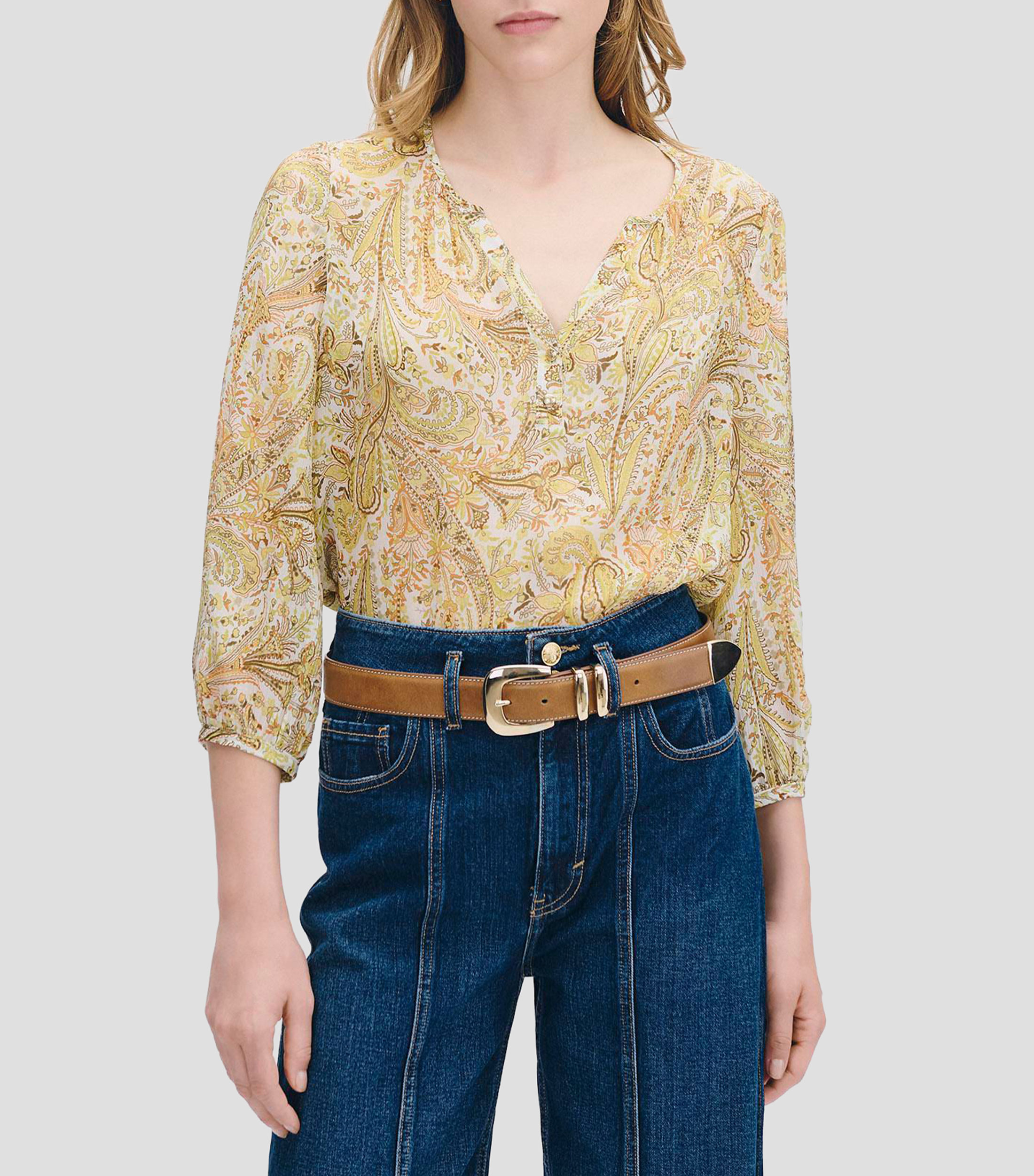 Blusa de chifón corrugado estampado paisleys jareta en ruedo Mujer