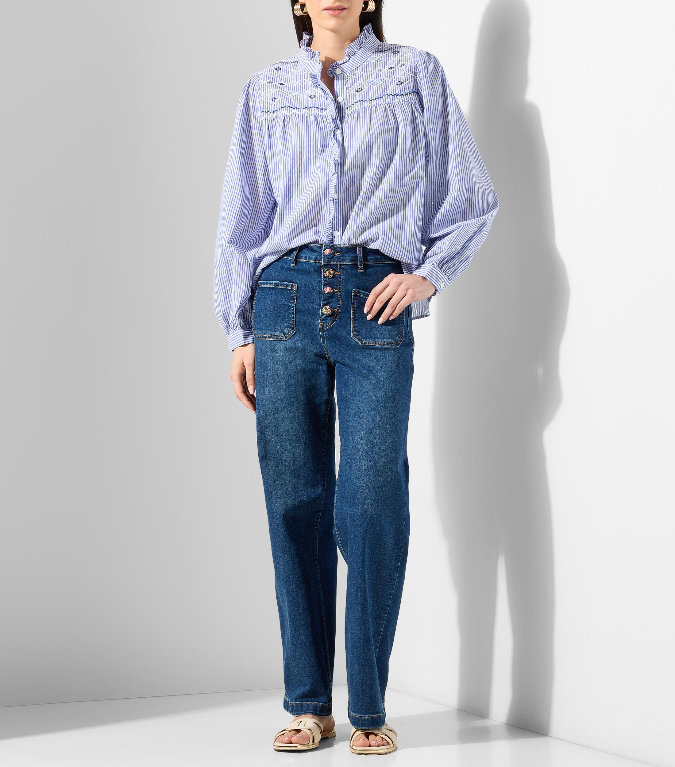 Camisa rayas cuello mao manga larga Mujer