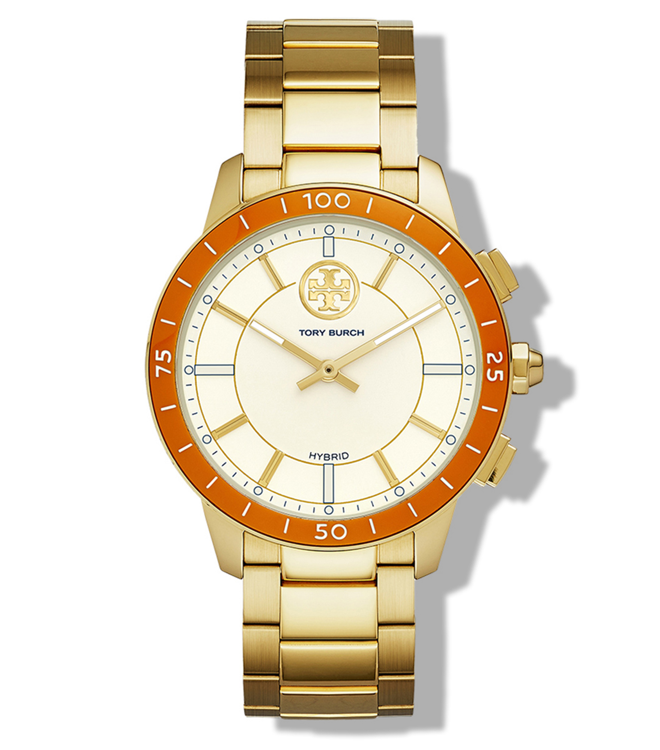 Tory Burch Reloj Tory Burch de caja y extensible tipo brazalete elaborado  en acero color dorado, bisel de cerámica, carátula con logotipo, manecillas  e indicadores a tono. Con la capacidad de sincronizarse