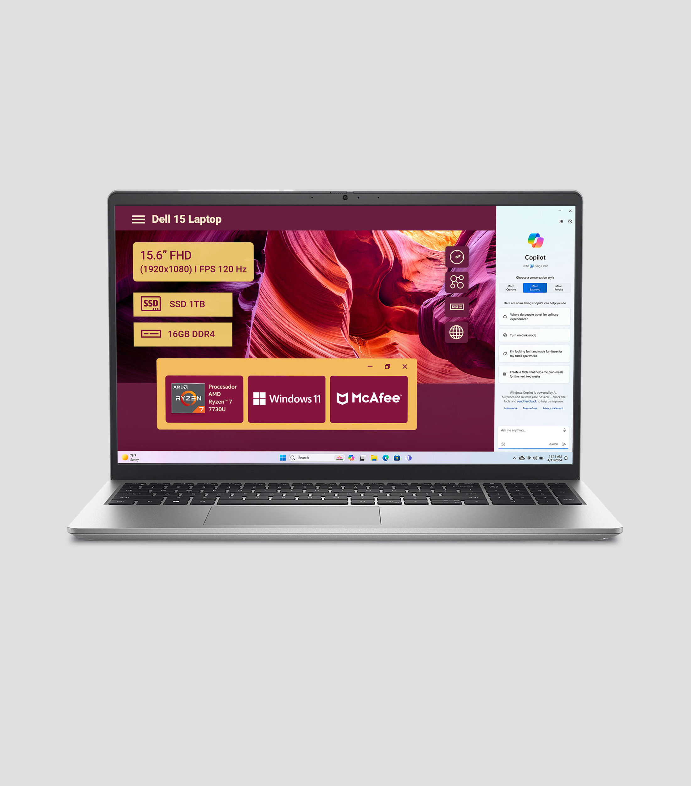 Laptop, Dell 15.6", AMD Ryzen 7, RAM 16 GB, 1 TB SSD