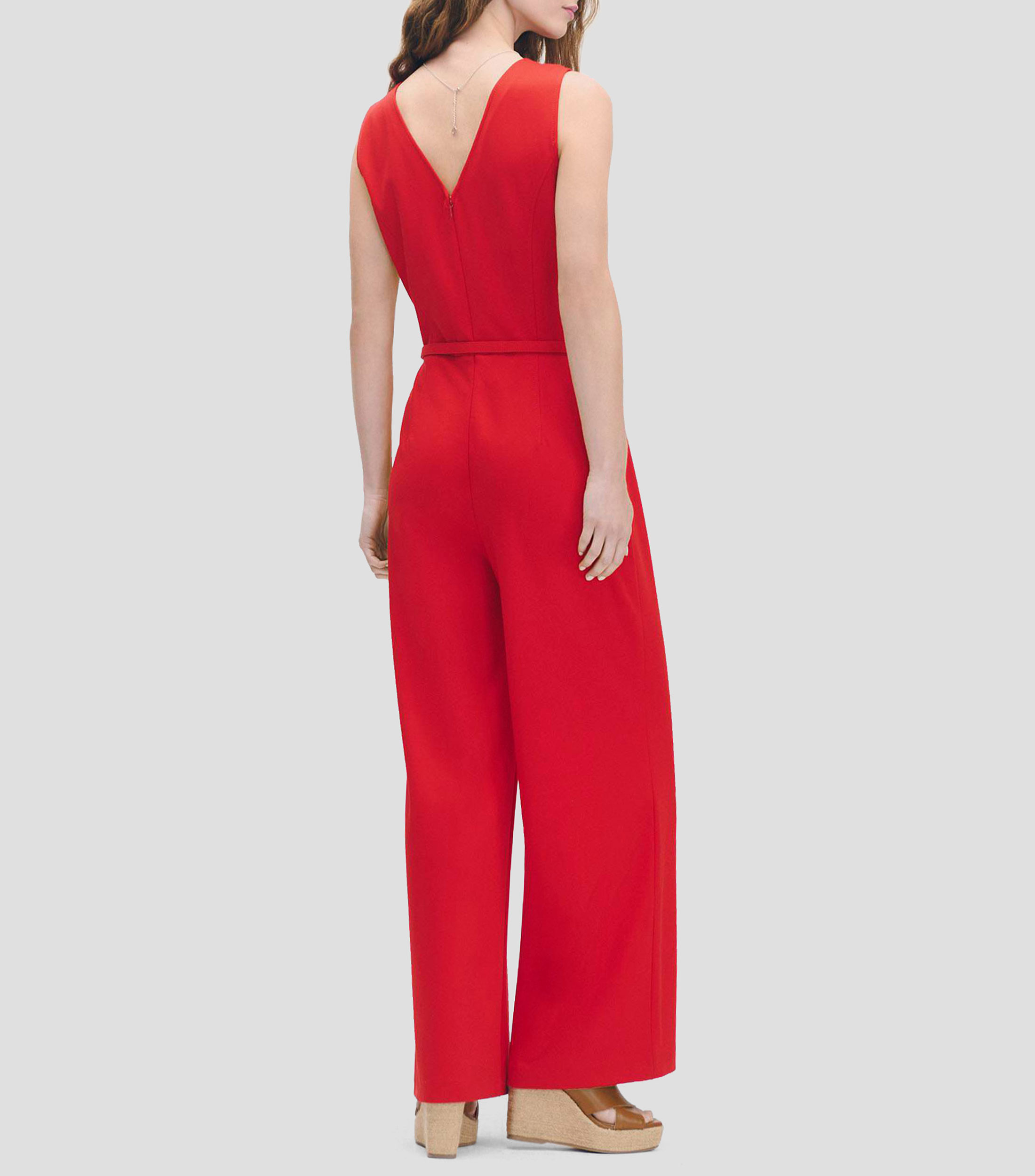 Jumpsuit palazzo de punto rojo escote V corte recto con cinturón Mujer