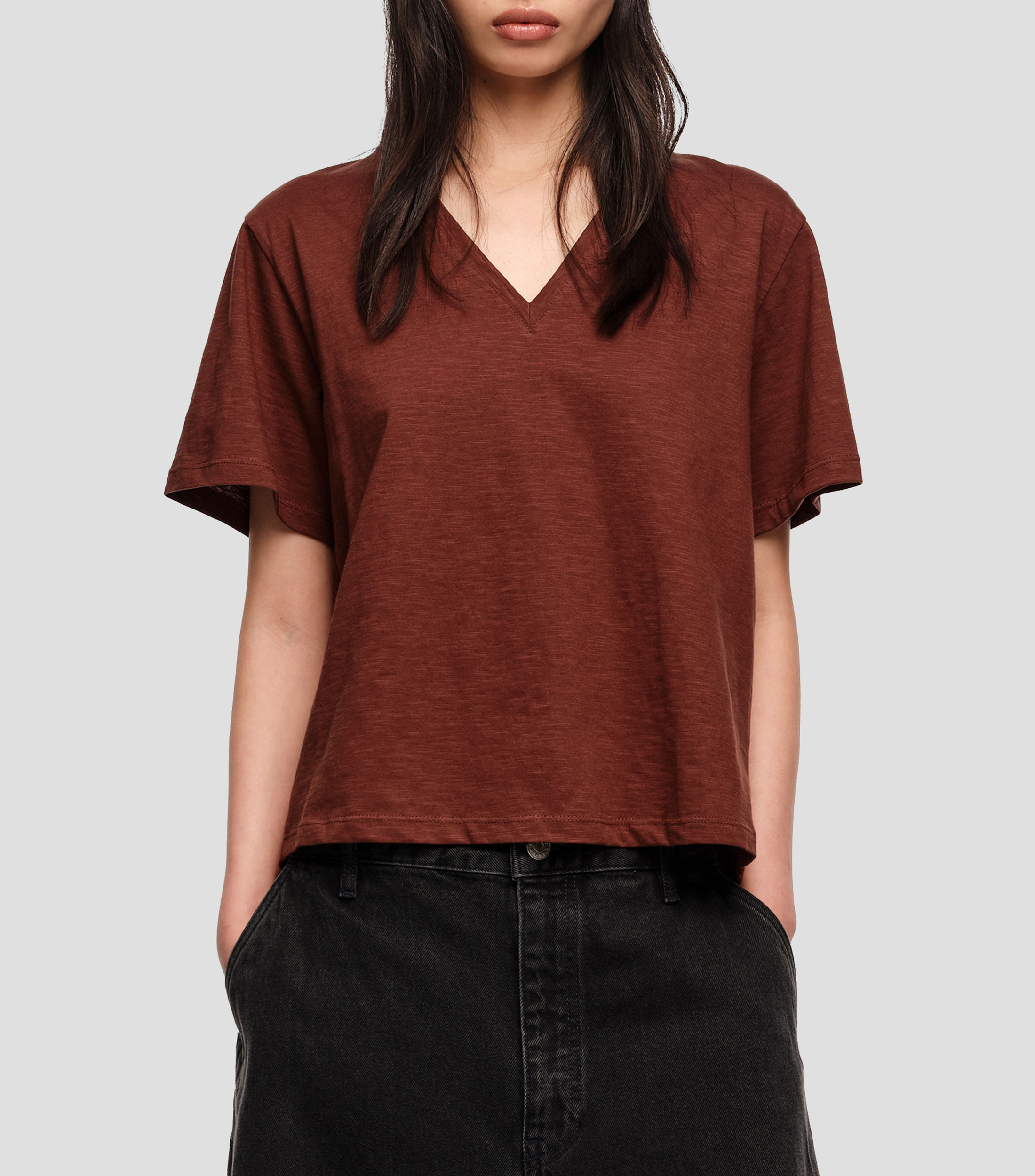 Playera cuello V manga corta jaspeada Mujer