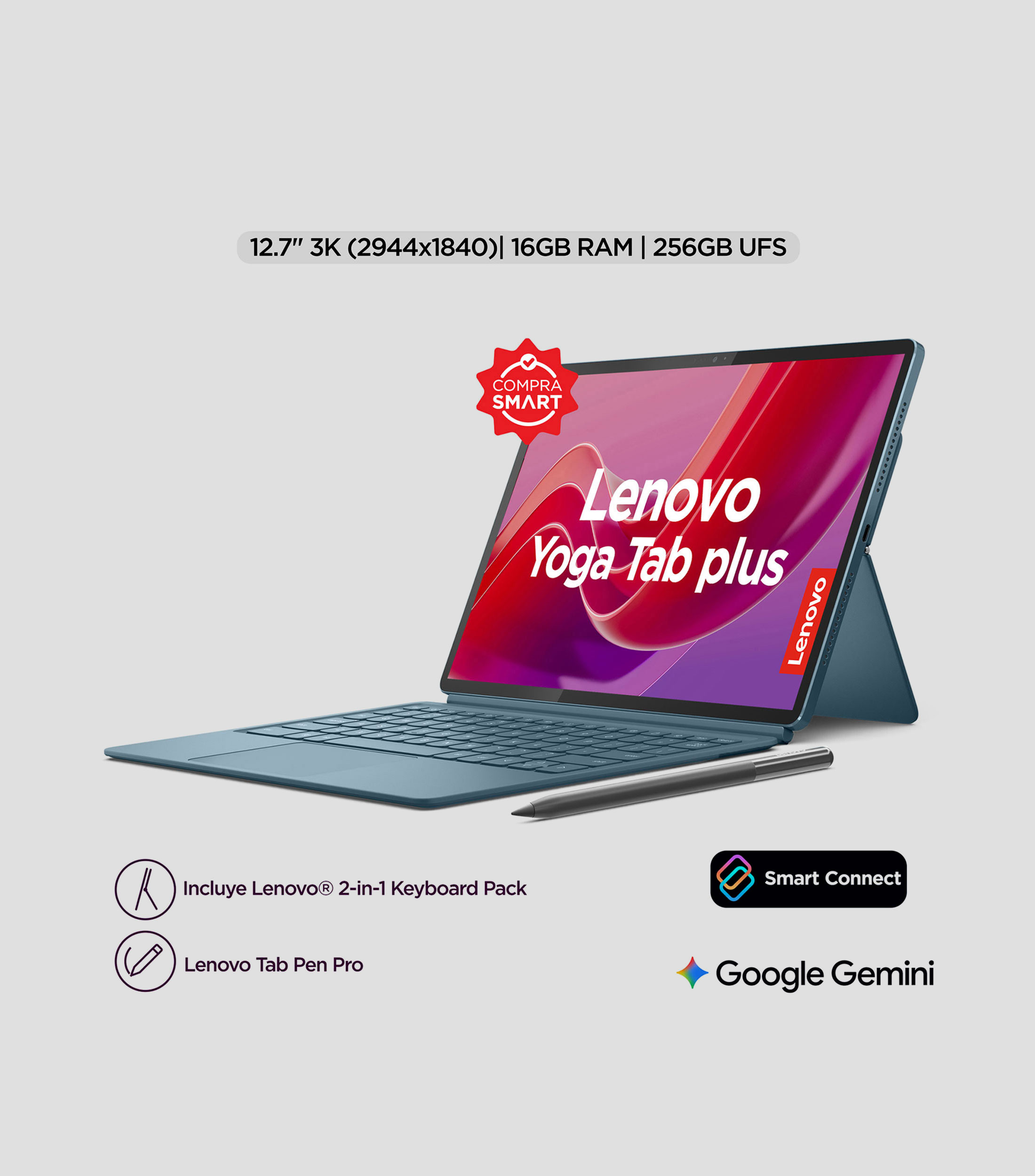 Tablet Lenovo Yoga Tab Plus, 12.7" 3K, 16 GB RAM, 256 GB UFS, Teclado 2 en 1 + Tab Pen Pro