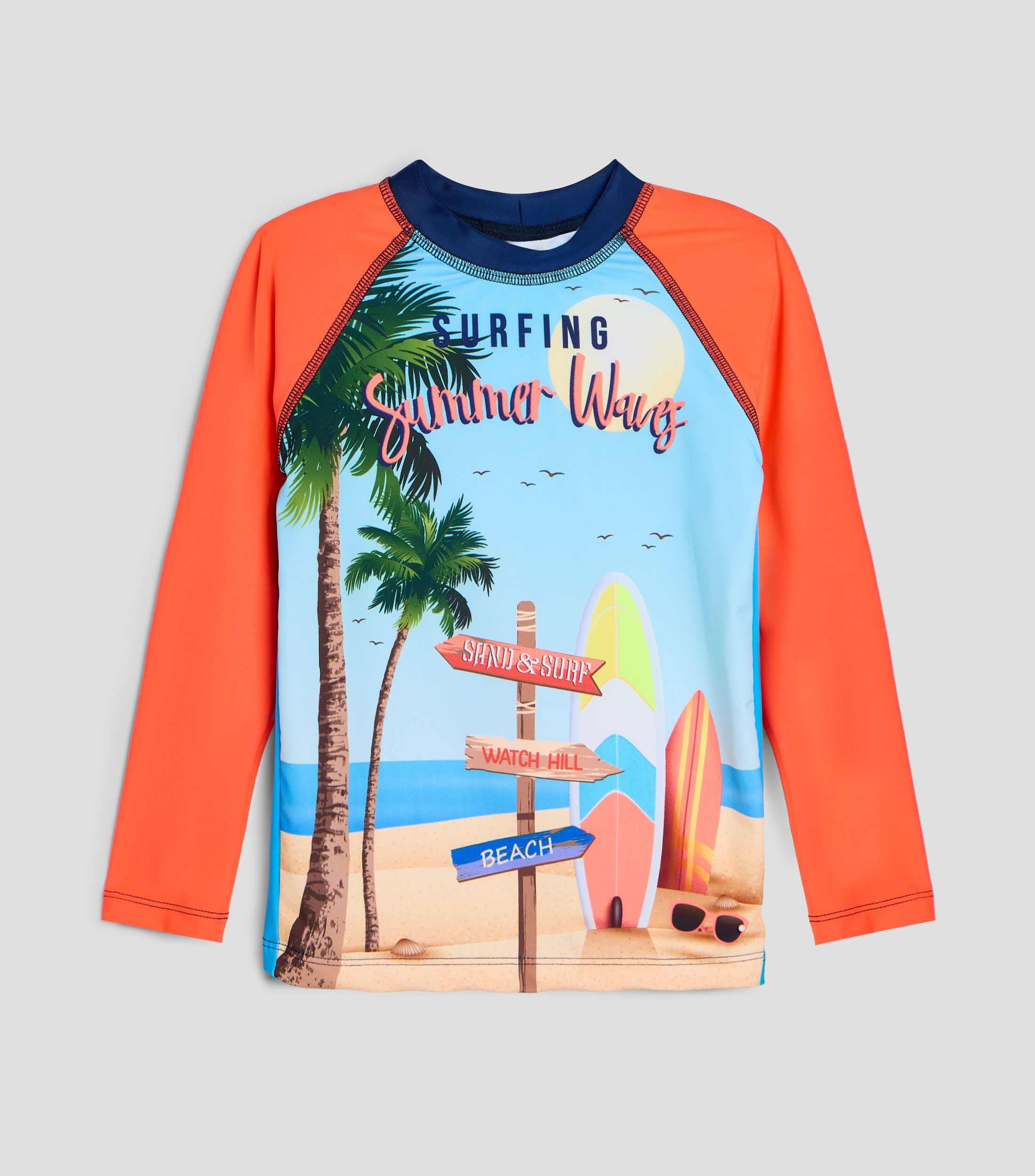 Playera traje de baño cuello redondo manga larga estampada Niño