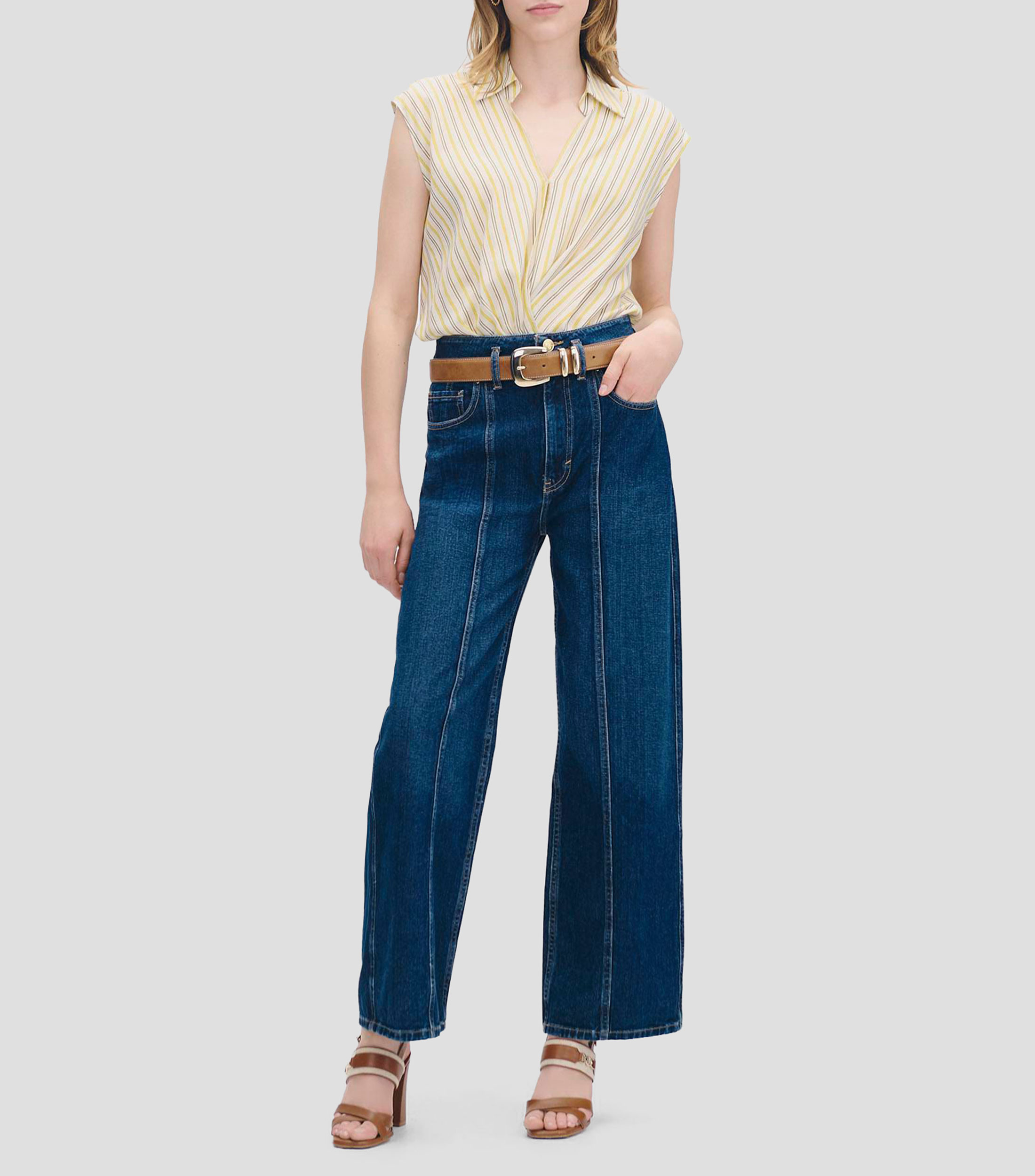 Blusa envolvente a rayas con lúrex cuello camisero Mujer