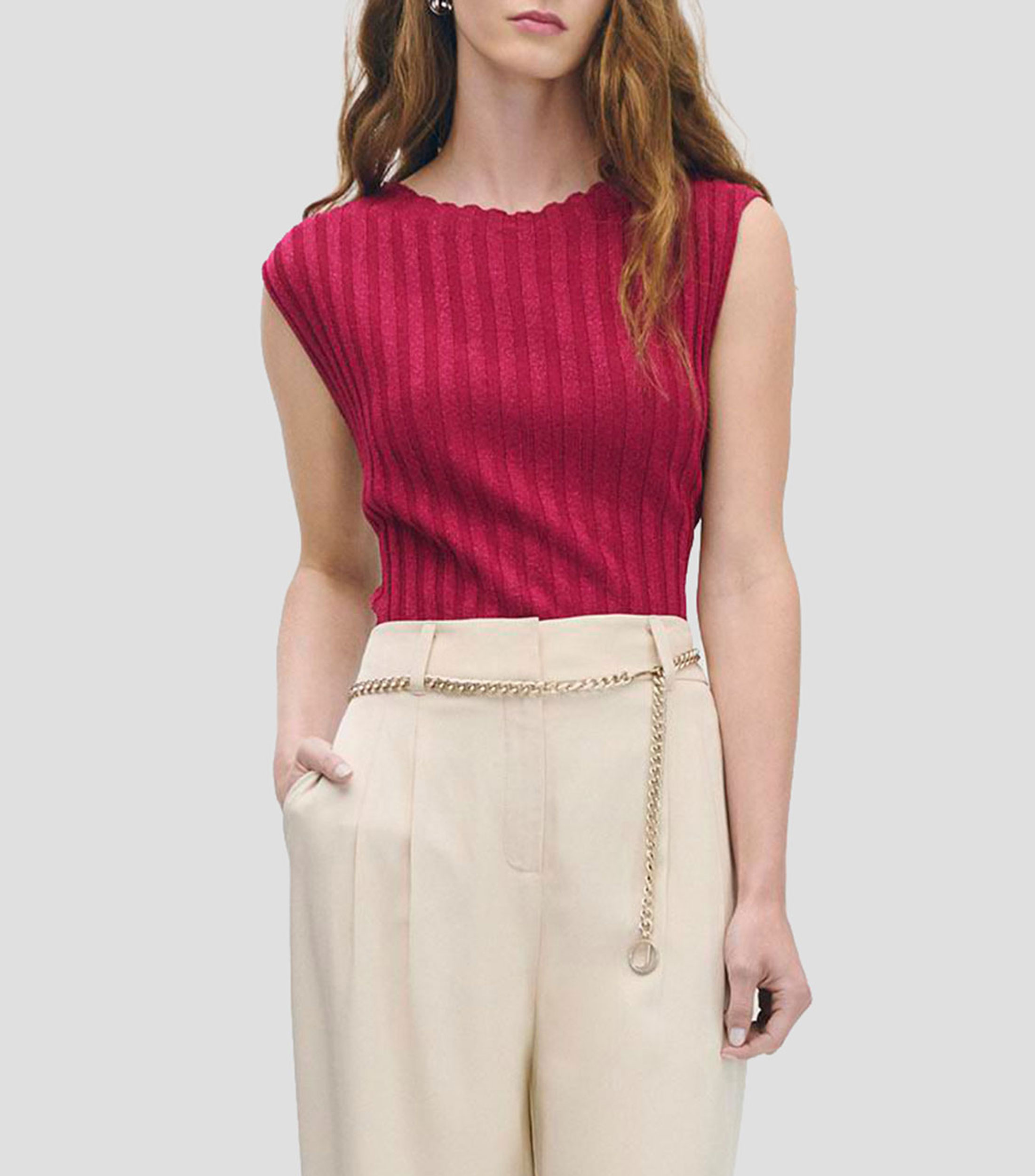 Blusa tejido canalé magenta con lúrex escote redondo Mujer