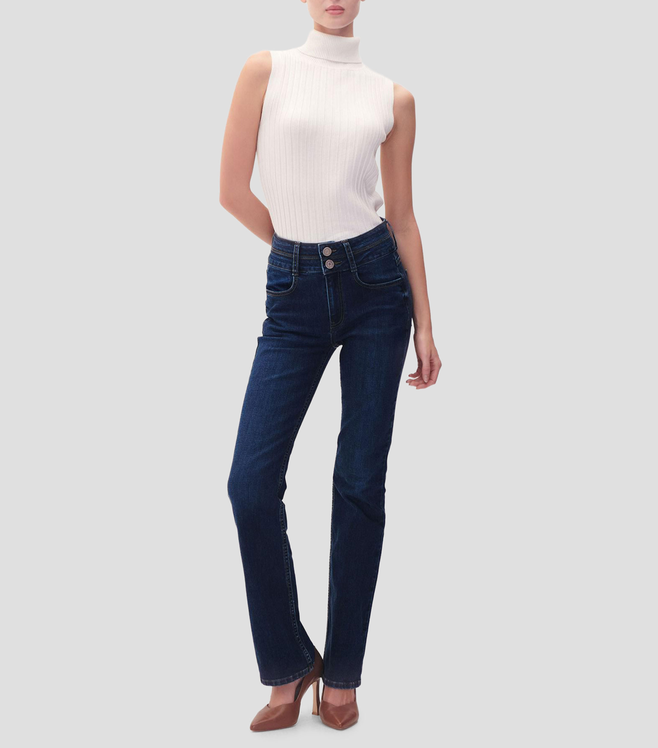 Jeans Acampanados Tiro Alto Azul Oscuro Pretina Ancha Mujer