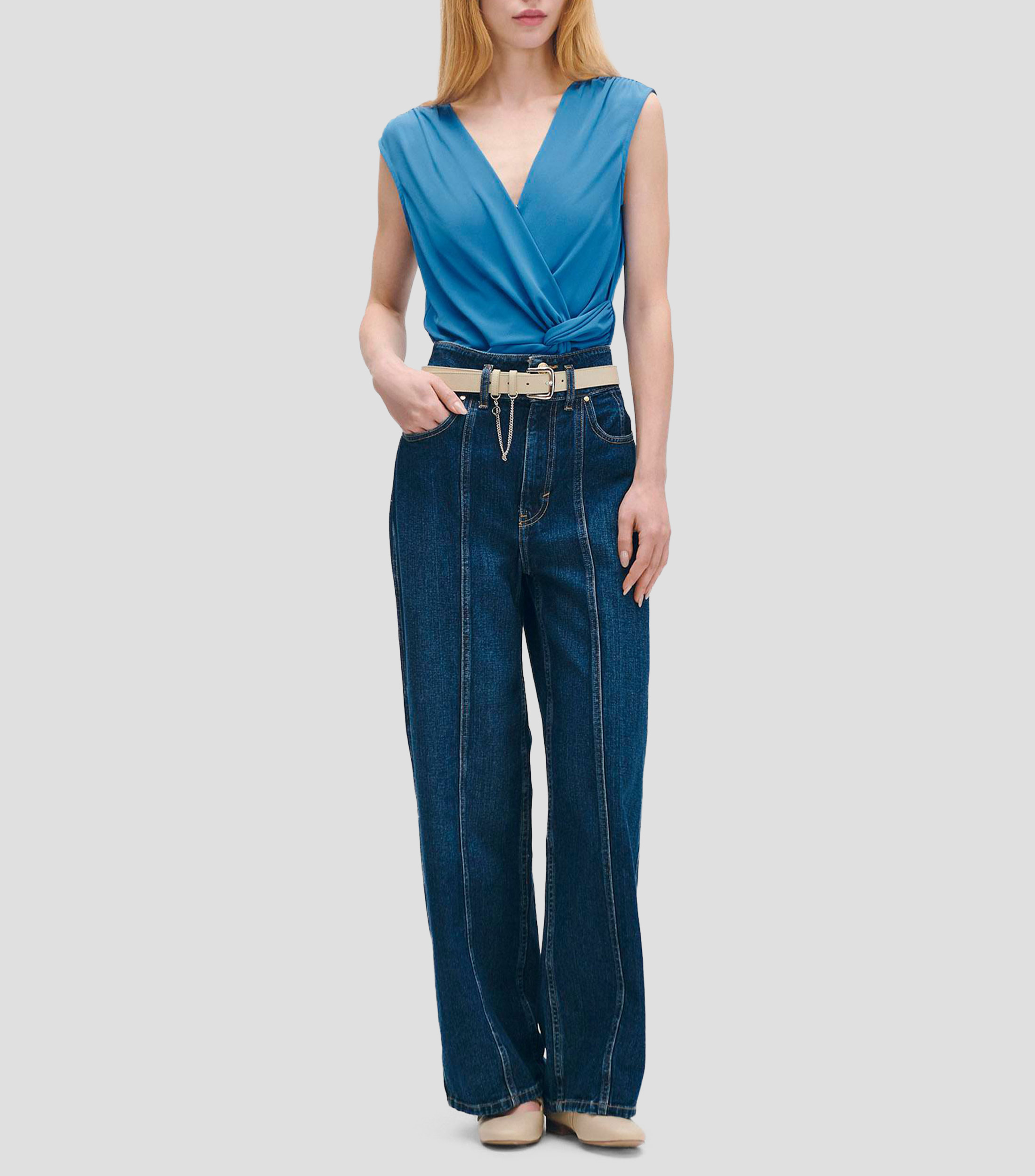 Blusa de Punto Cruzada Azul Azulino Drapeado Nudo en Cintura Mujer