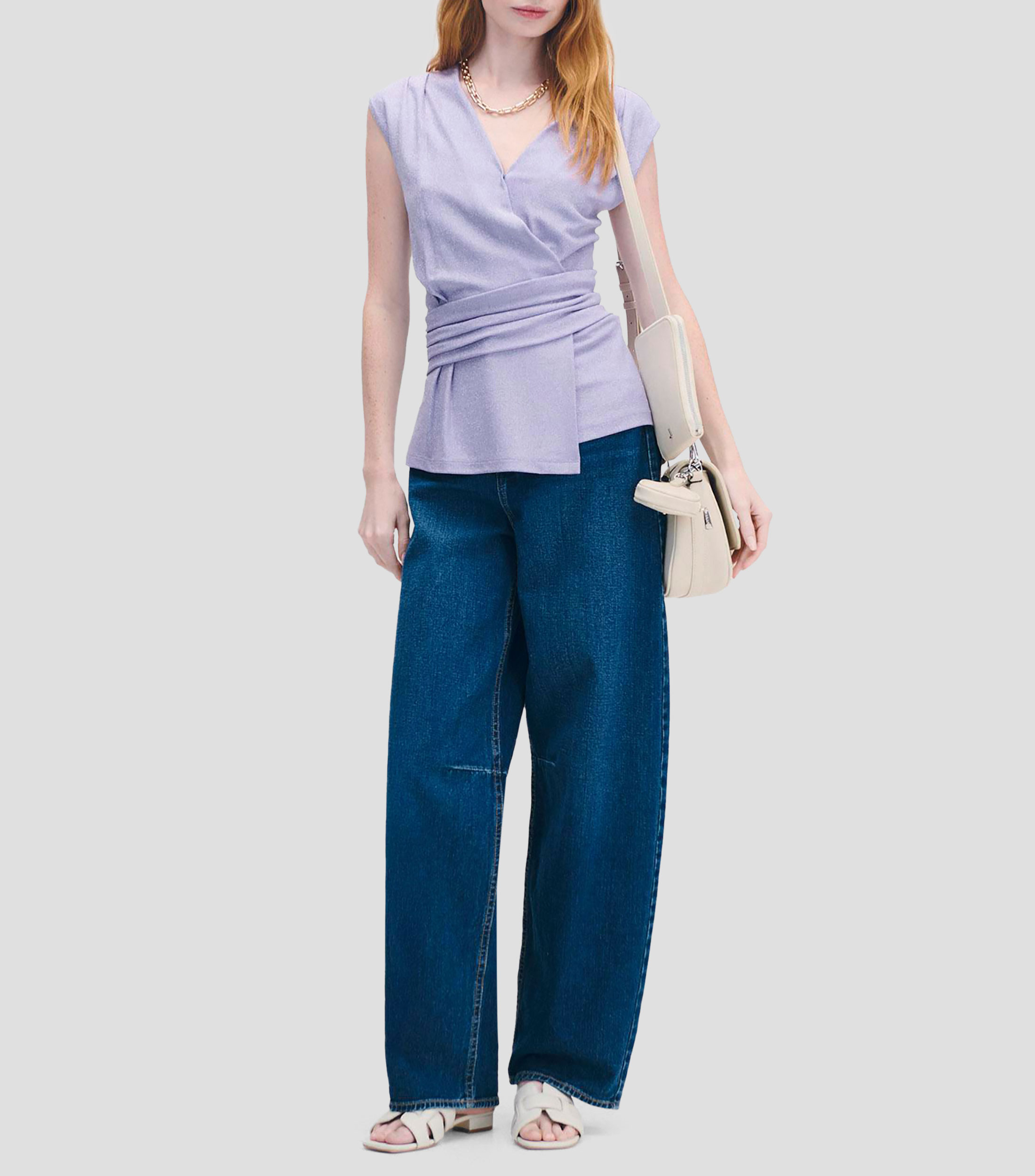 Blusa de Punto Lavanda con Lúrex Drapeado en Cintura Mujer