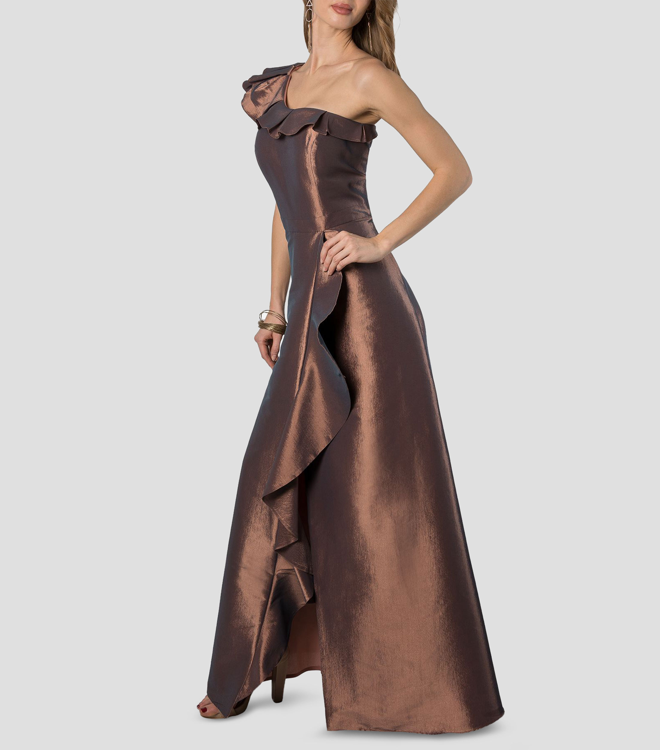 Vestido de fiesta largo liso con olanes Mujer