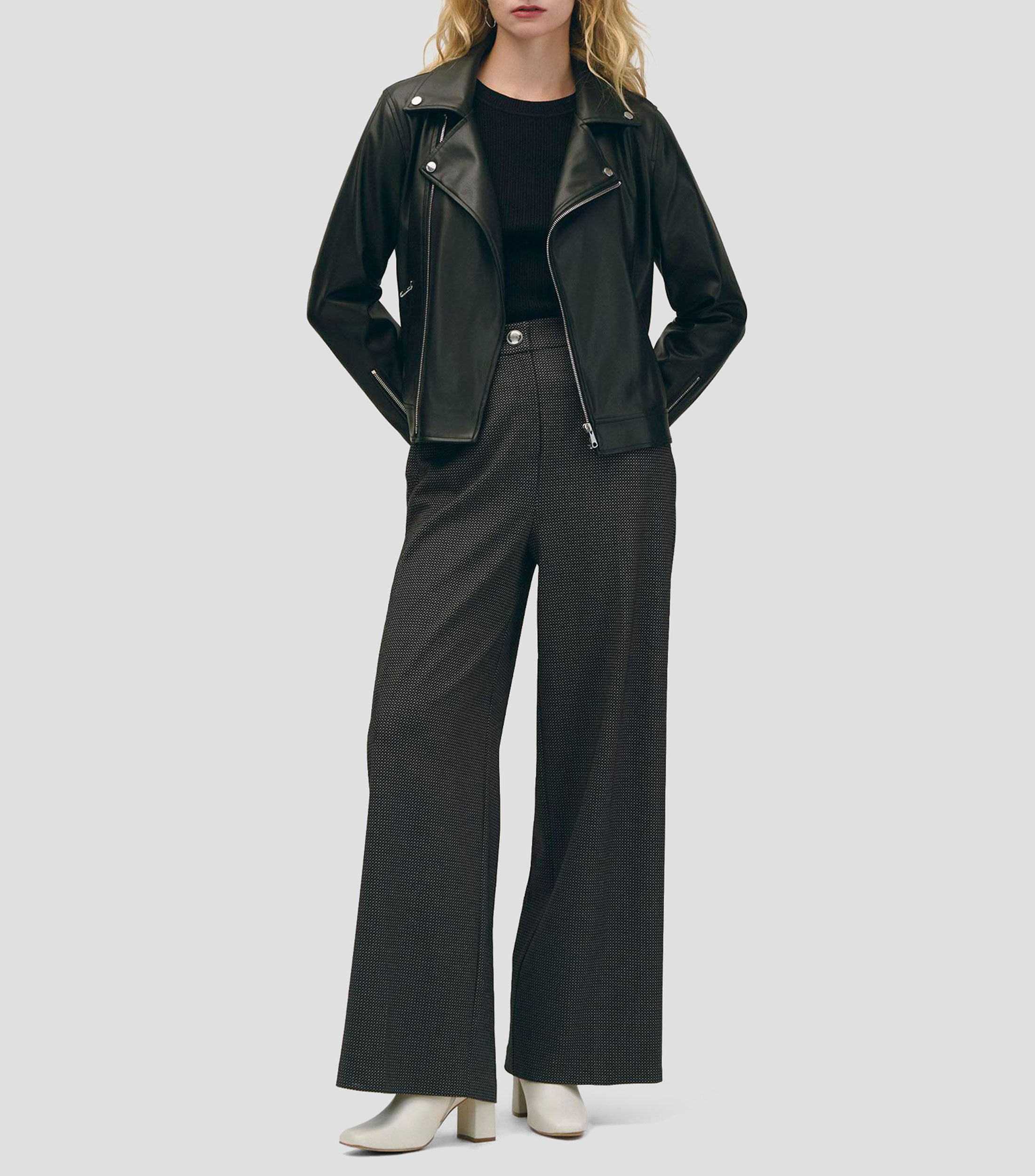 Pantalón Palazzo Negro Jacquard Con Stretch Tiro Alto Mujer