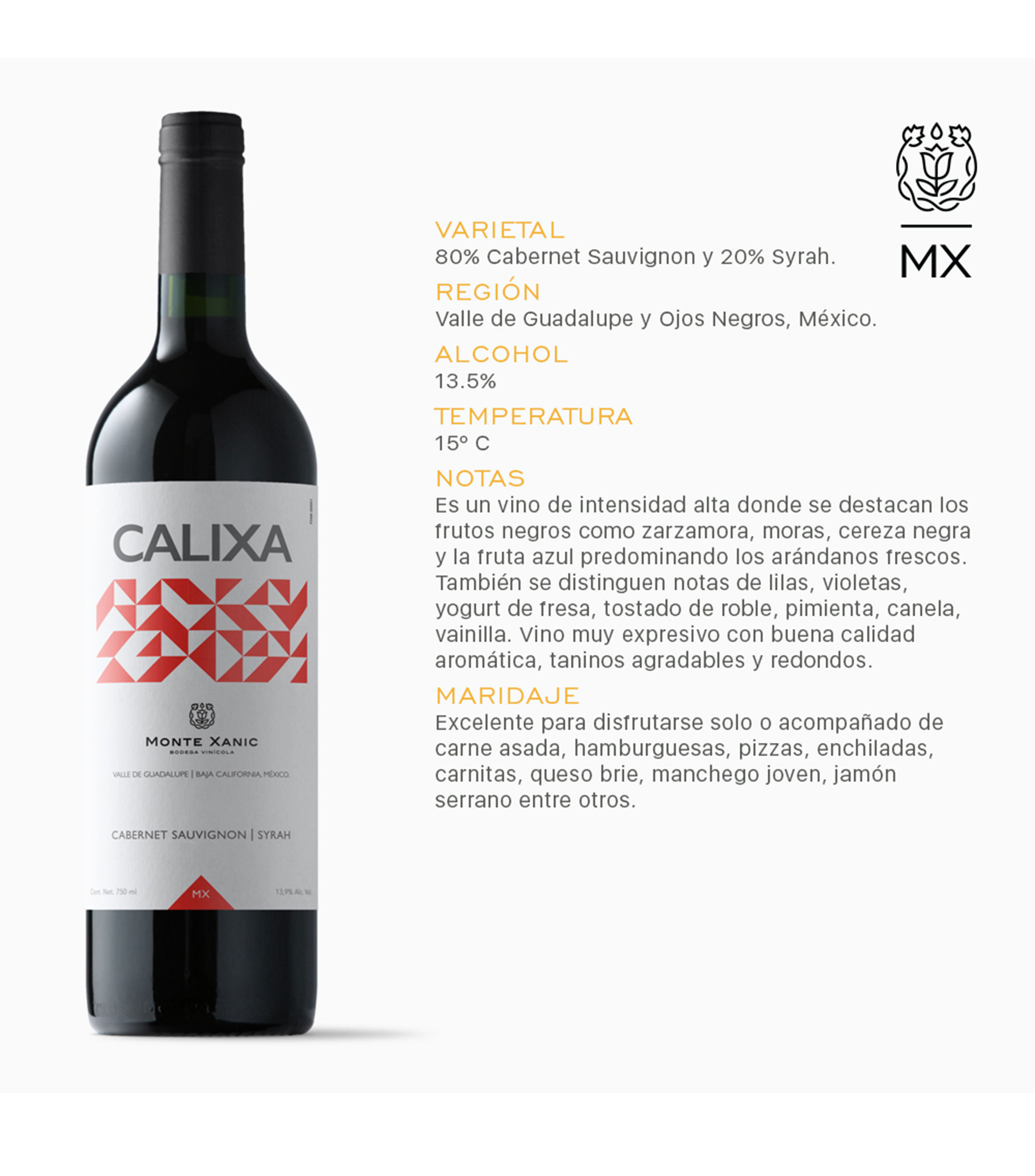Vino Tinto Cabernet Sauvignon-Syrah Calixa, México, 750 ml