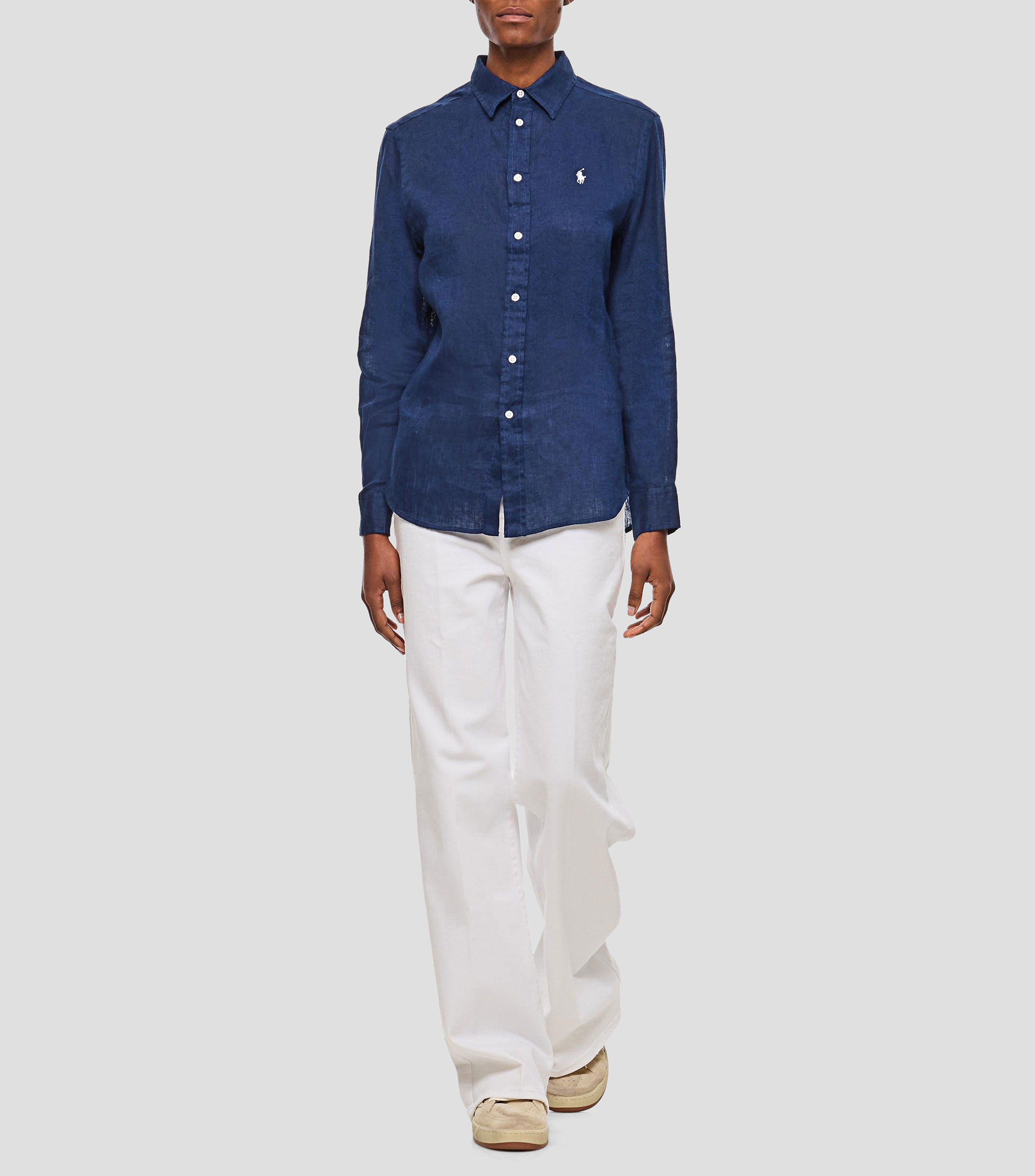 Camisa lisa en lino con manga larga Mujer