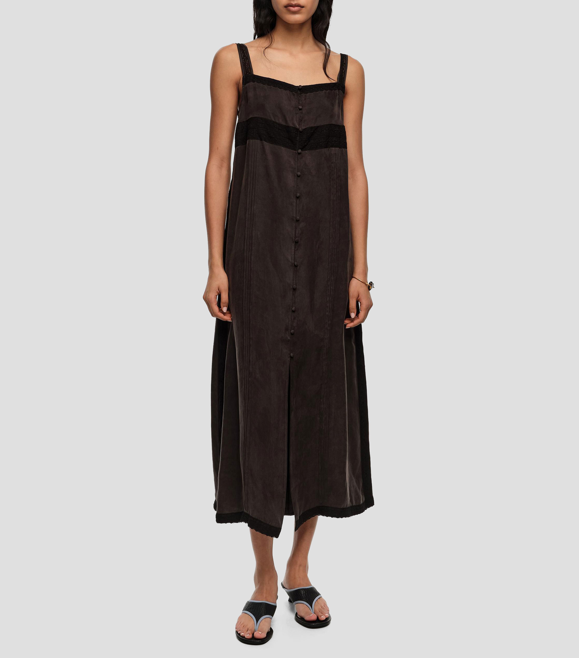 Vestido línea A botones y encajes negro lavado Mujer