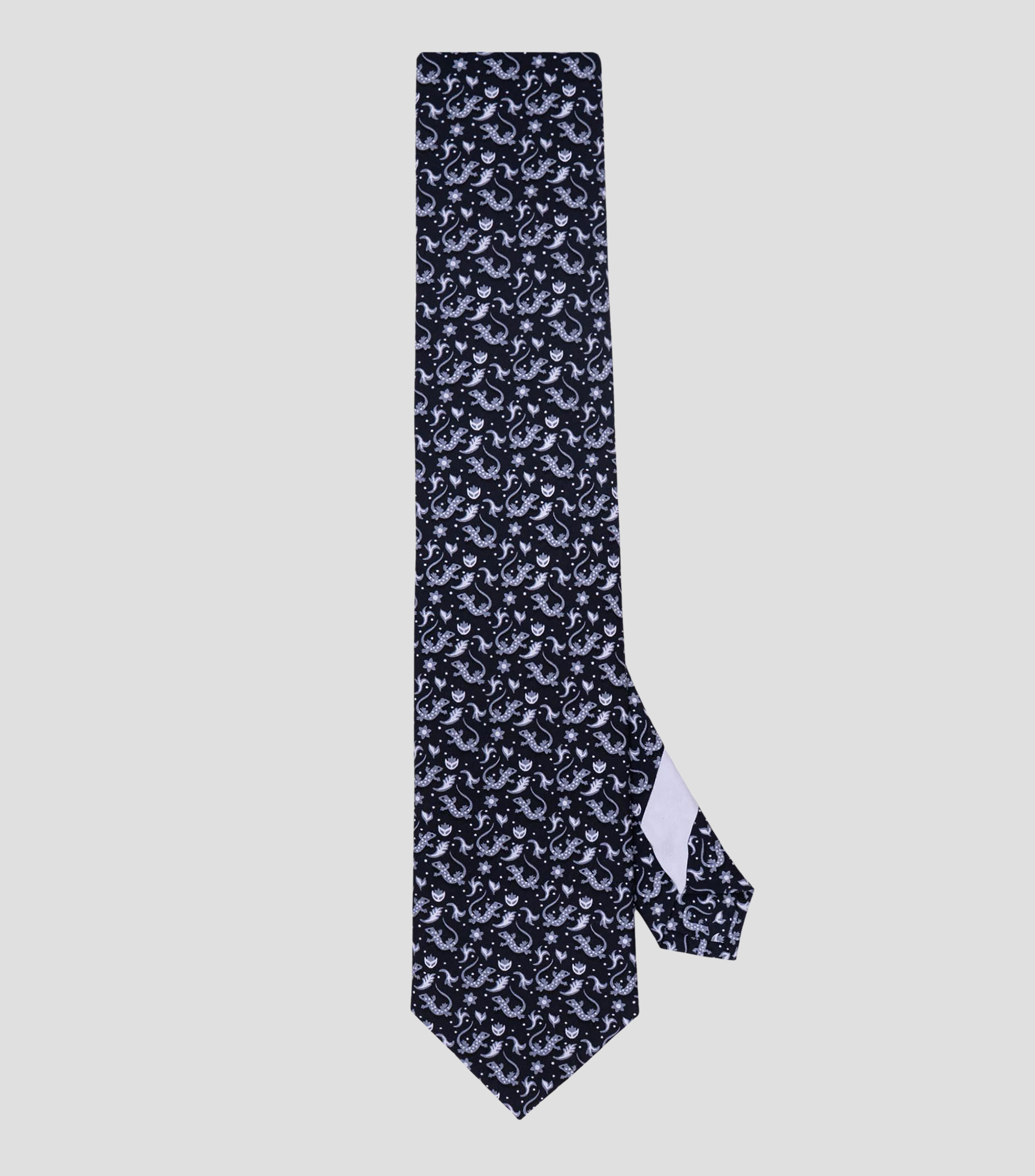 Corbata ancha de seda negro estampada S8 Iguana Mexicana