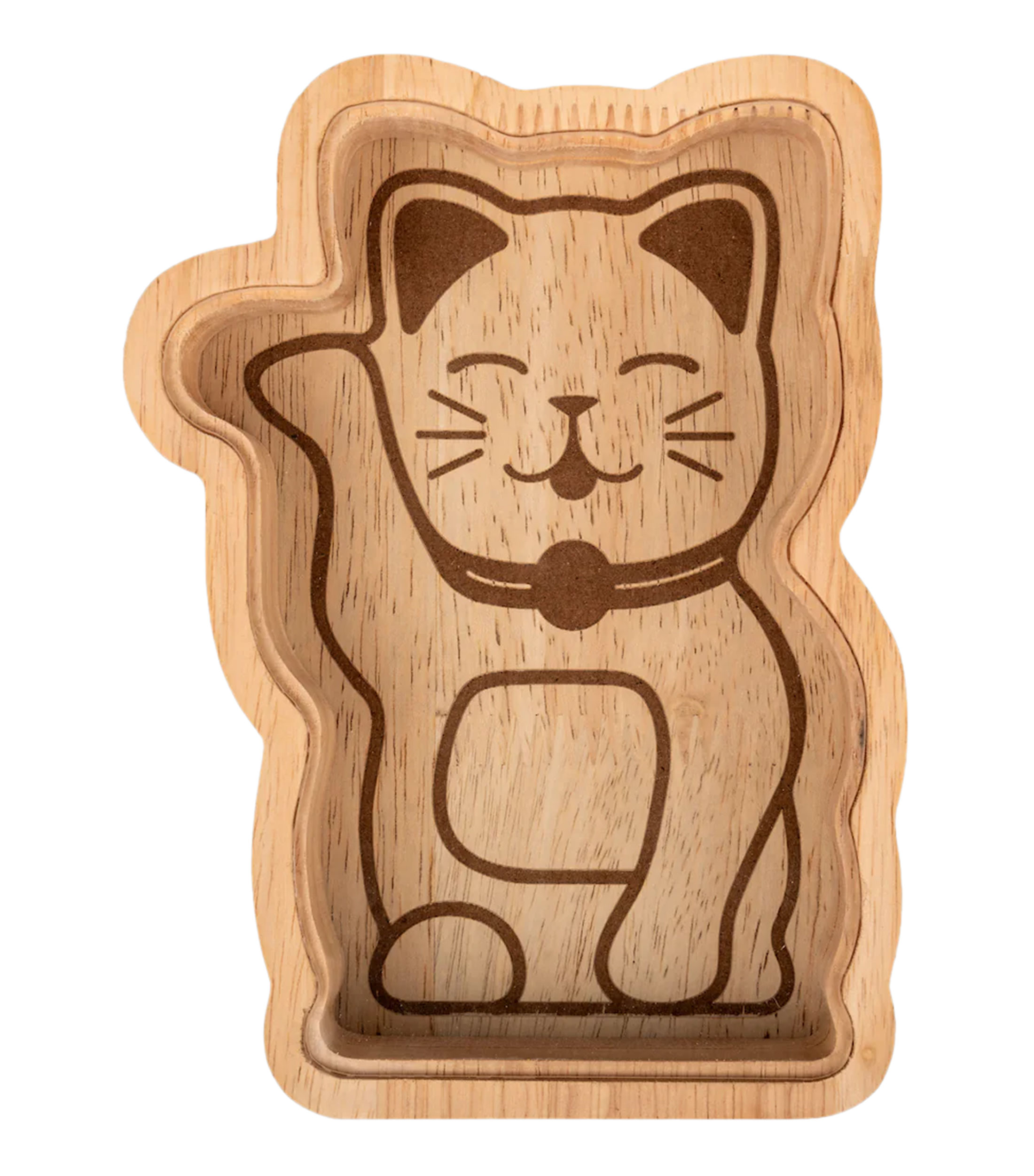 Alcancia en forma de gato de la suerte en madera de caucho