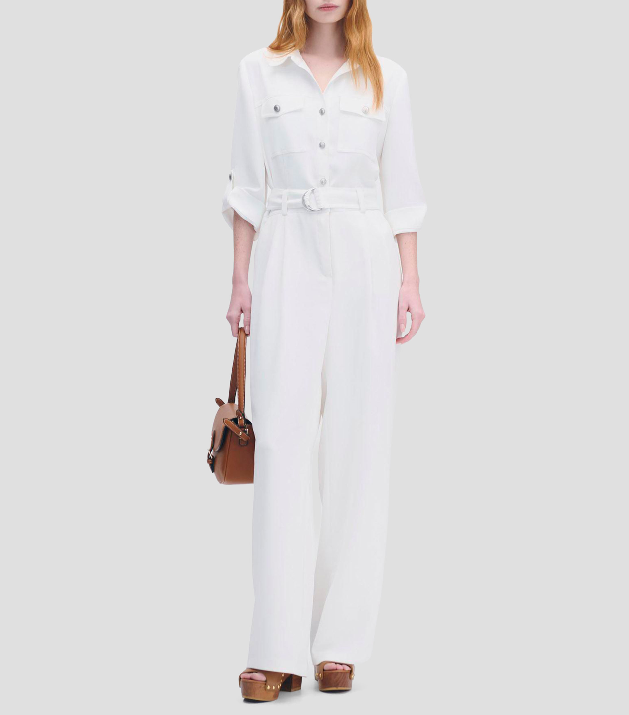 Jumpsuit Blanco Recto Fluido Cuello Camisero Manga 3/4 con Charreteras Mujer