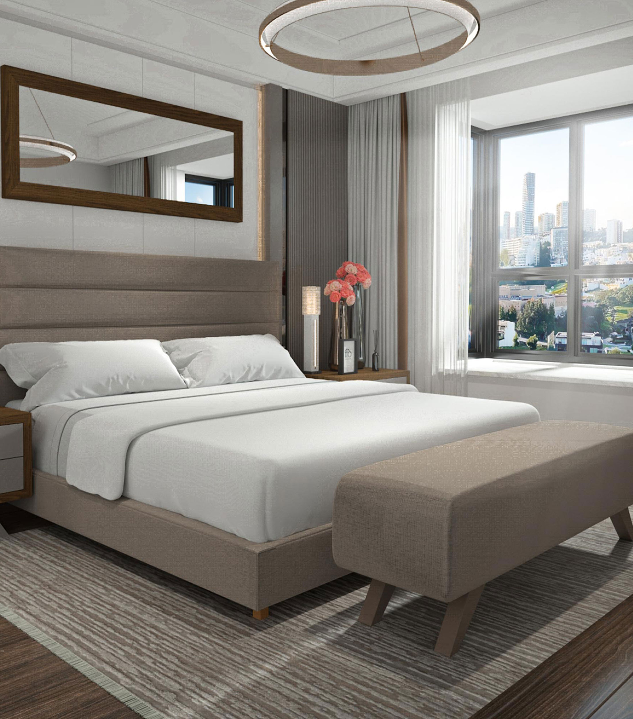 Cama King Size Ribbed V taupe en madera