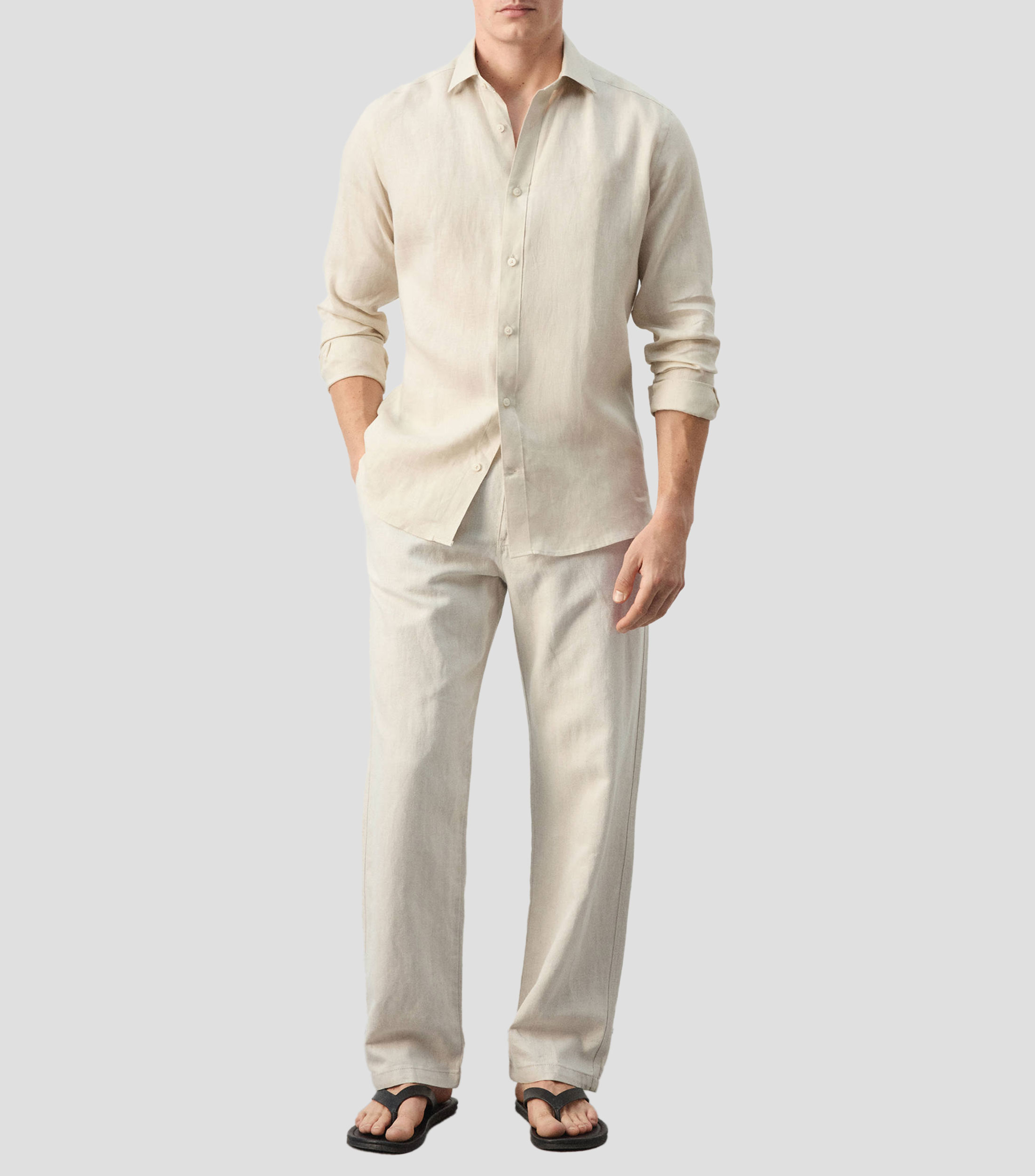 Camisa lisa de lino manga larga Hombre