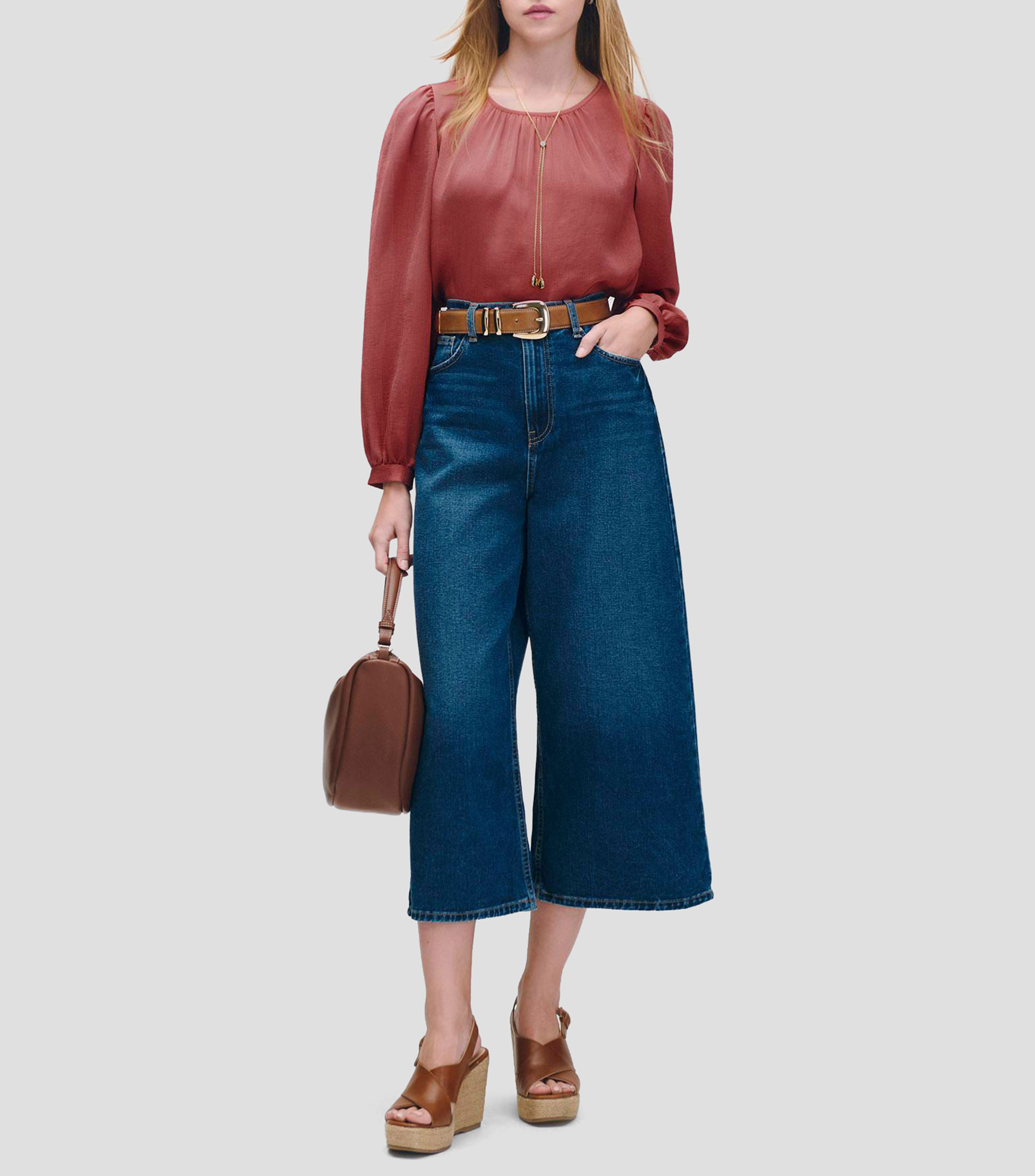 Blusa De Satín Marrón Efecto Corrugado Frunces En Escote Mujer