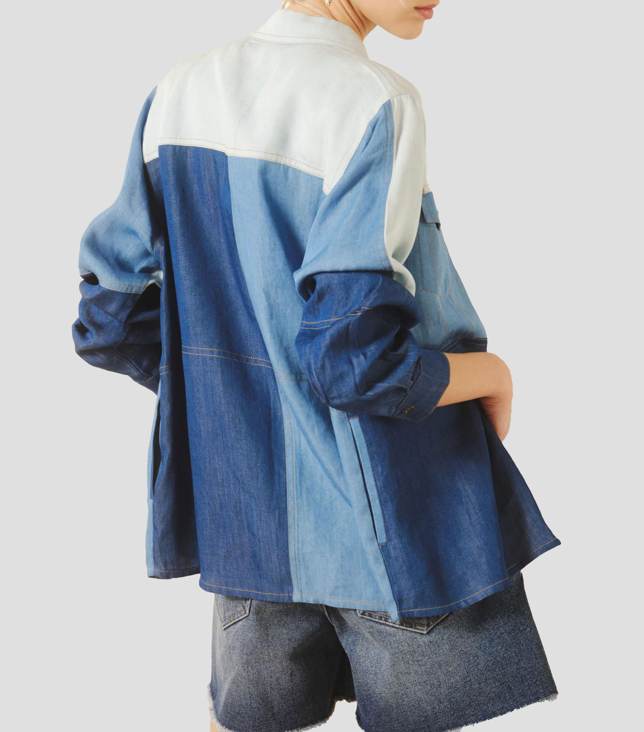 Camisa lisa con bloque a color manga larga Mujer