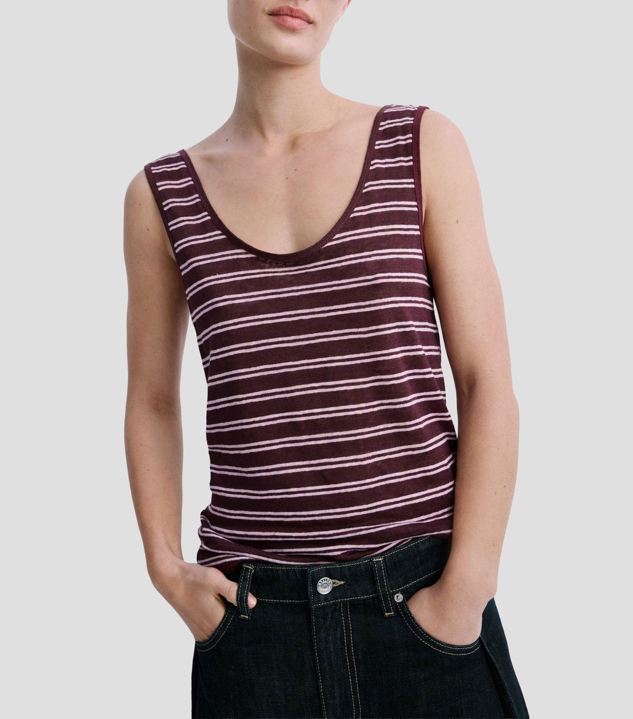Top cuello redondo sin mangas a rayas Mujer