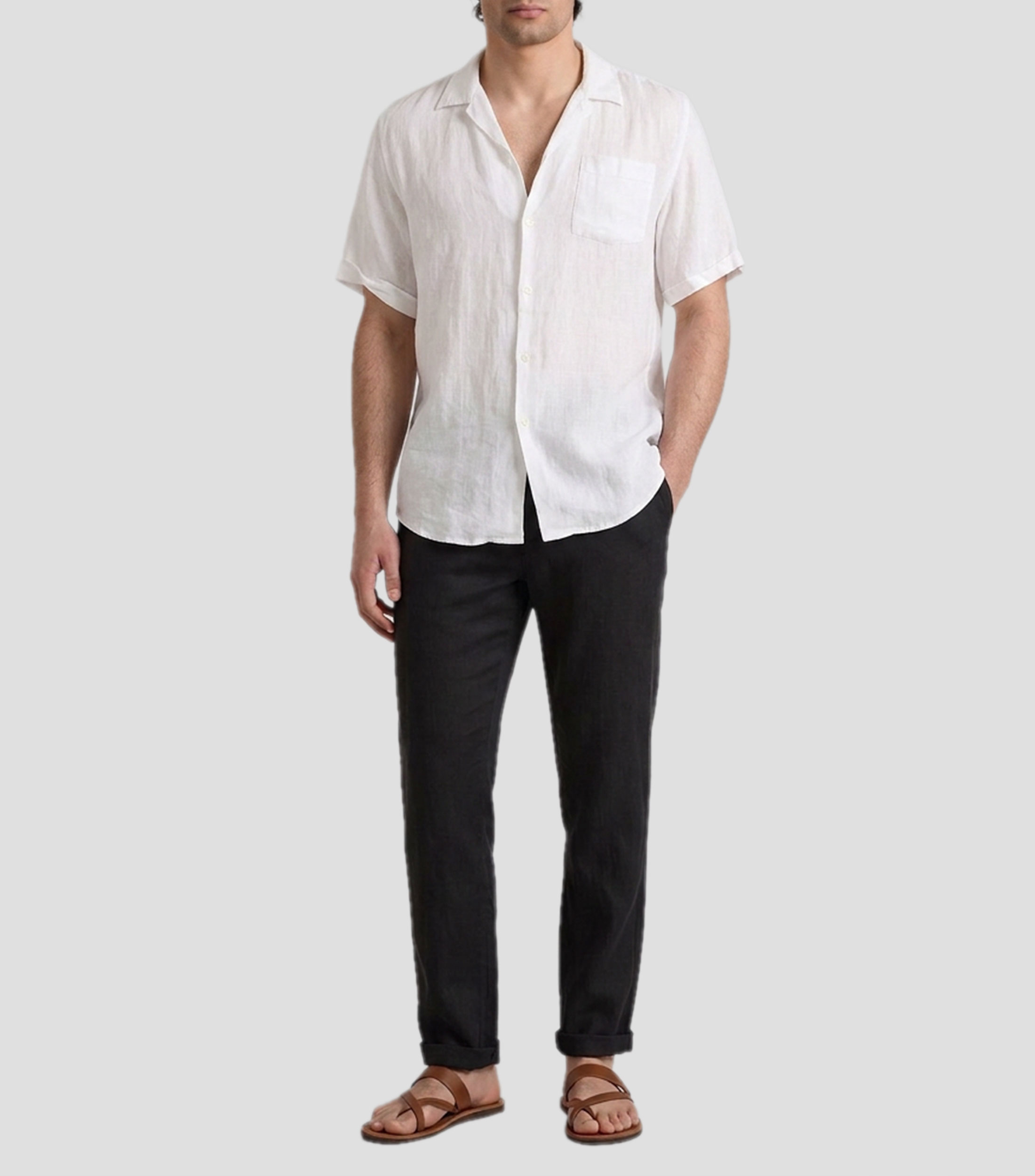 Camisa lisa en lino con manga corta Hombre