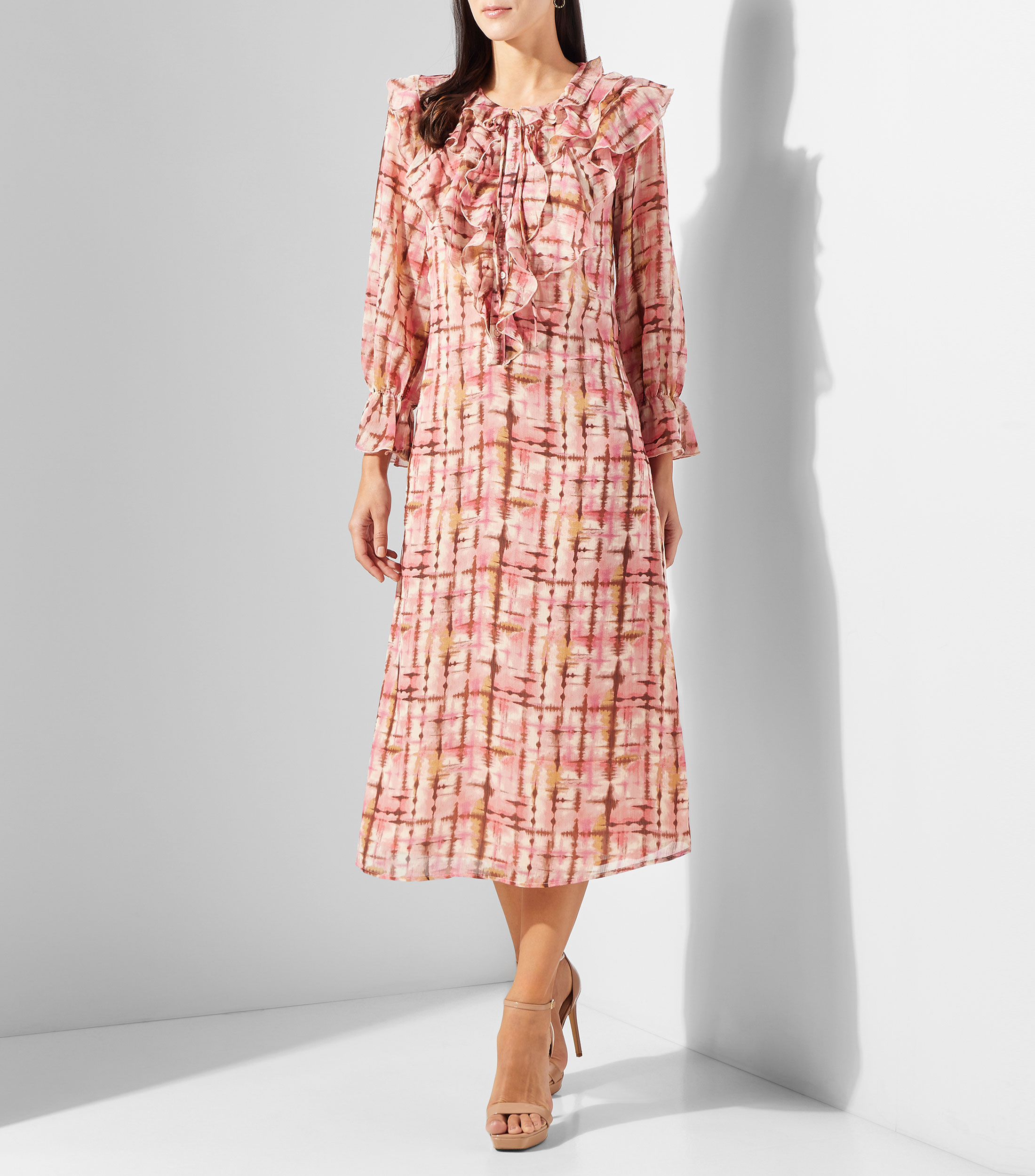 Vestido midi manga larga con estampado Mujer