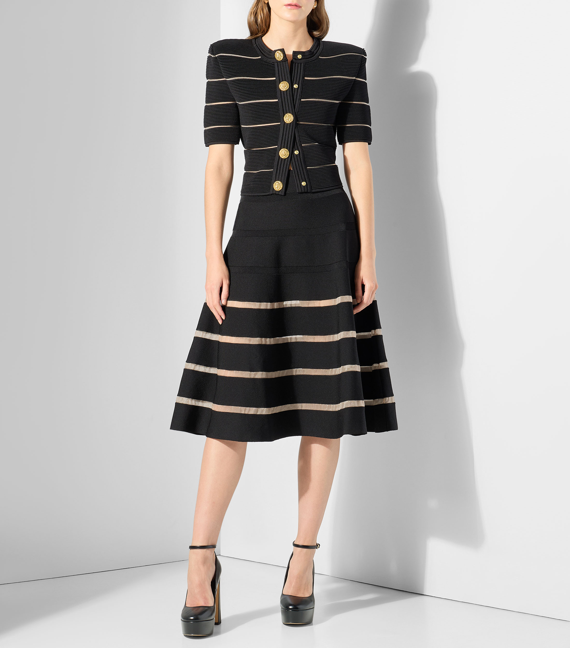 Falda midi de corte evasé con rayas Mujer